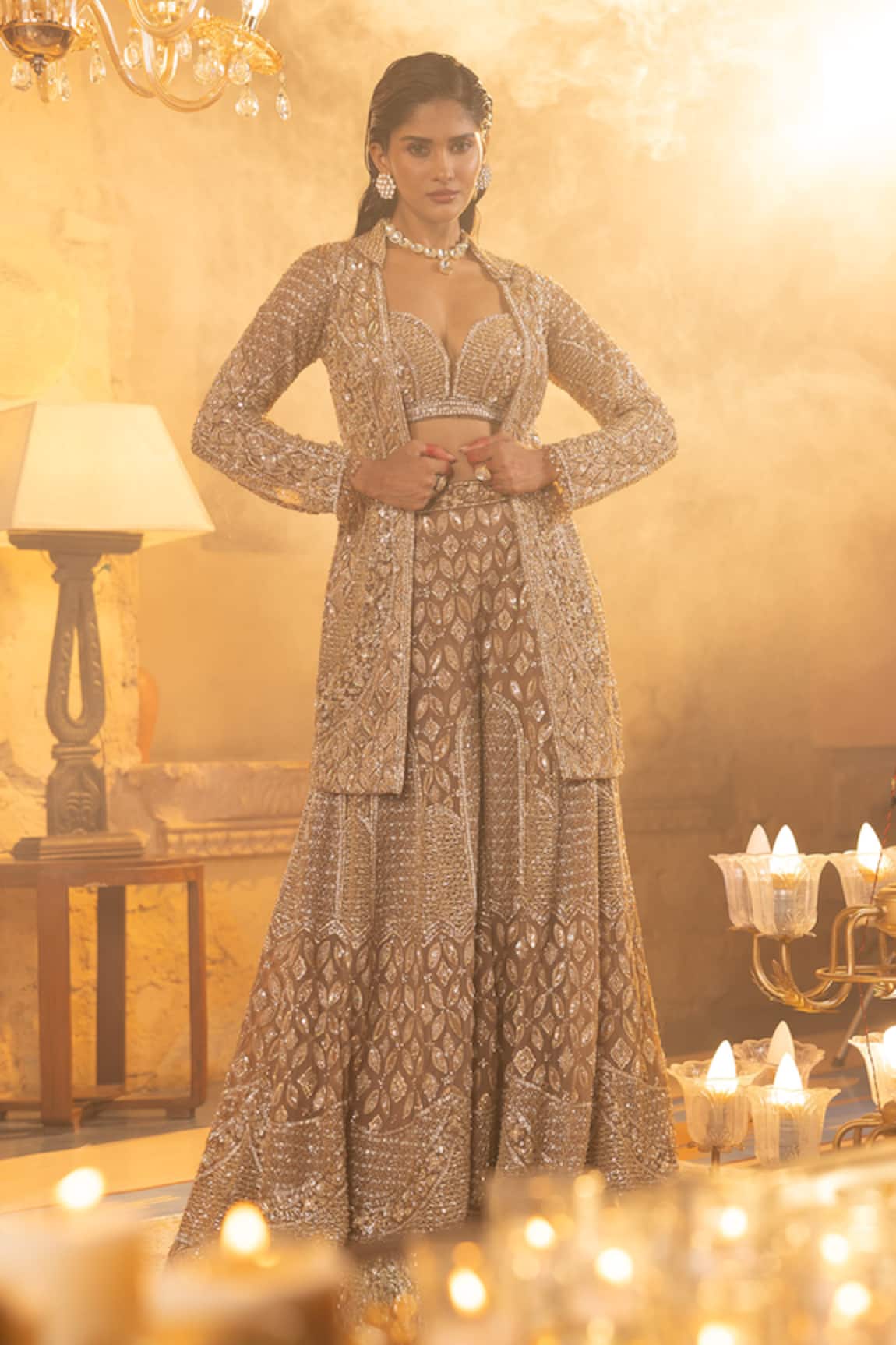 House Of Sikka Designer Beige Sharara Set 