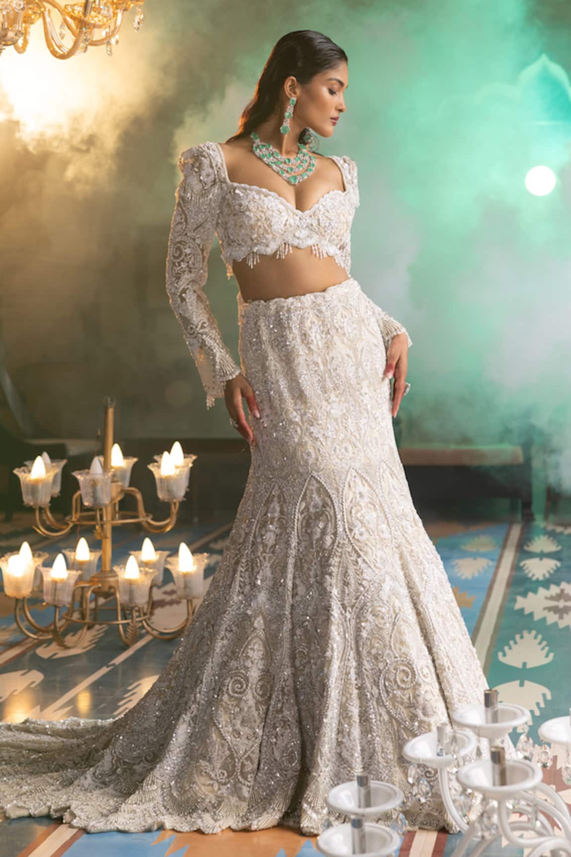 House Of Sikka Ivory Fish Cut Lehenga Set 
