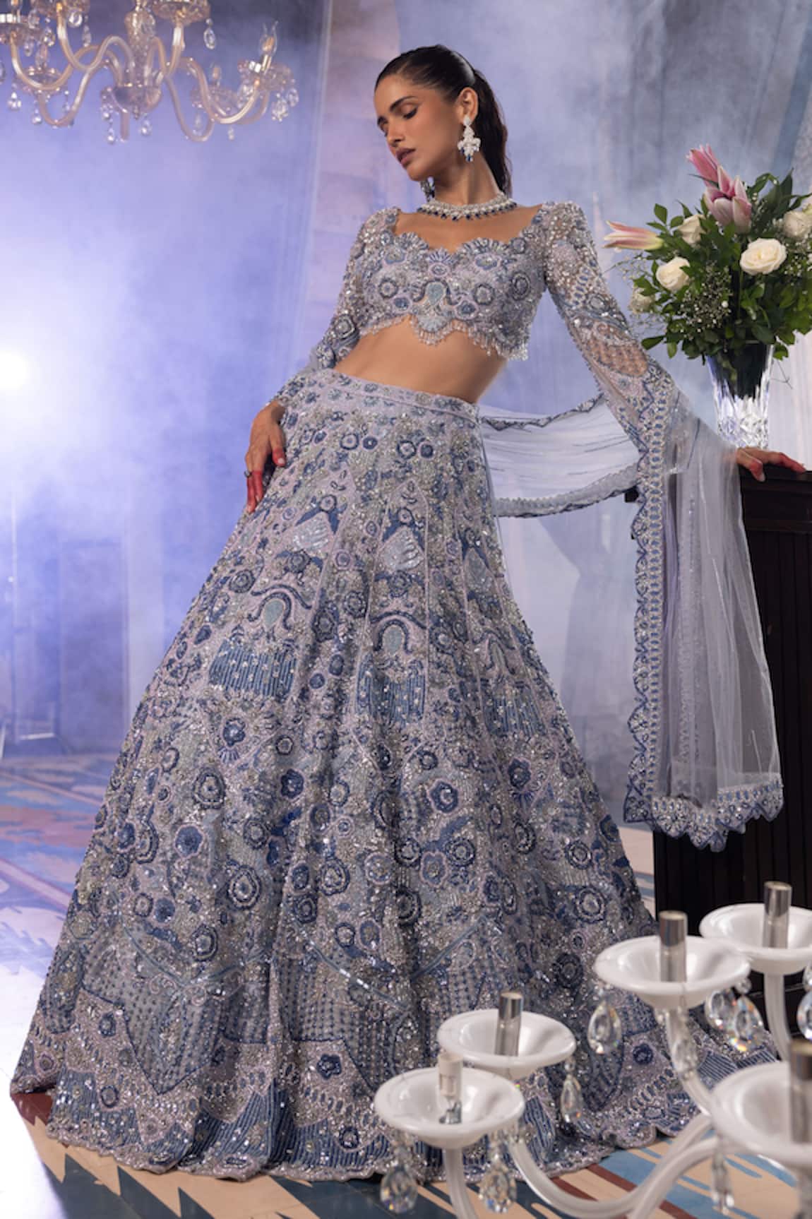 House Of Sikka Three-Dimensional Blue Lehenga Set 