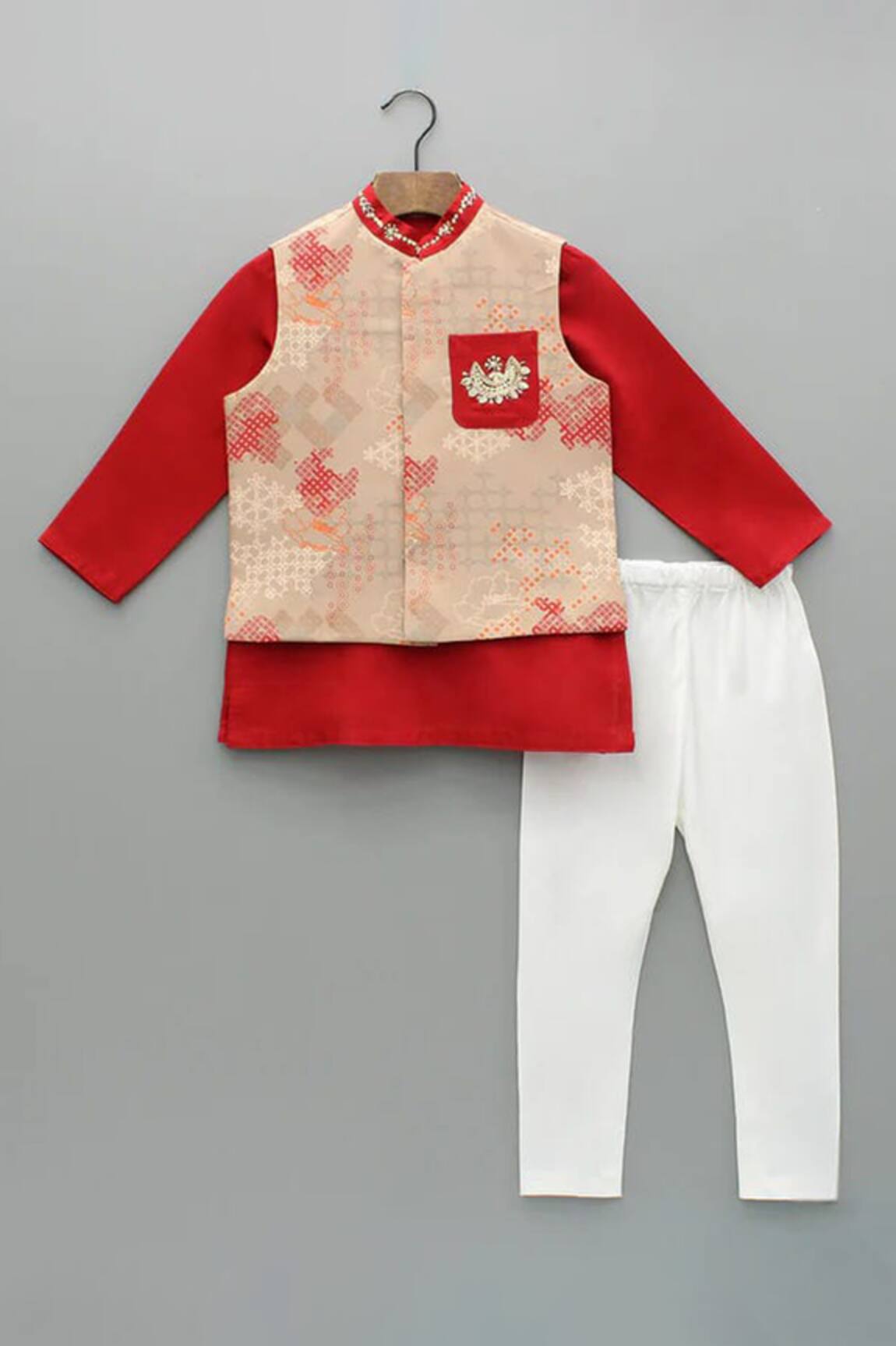 Little Brats Red Cotton Silk Kurta Set 