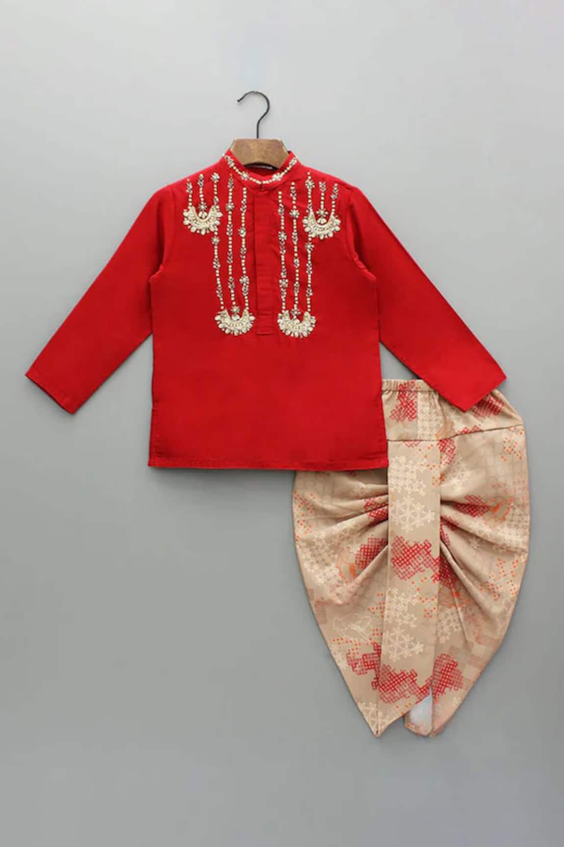Little Brats Red Embroidered Kurta & Dhoti Set 