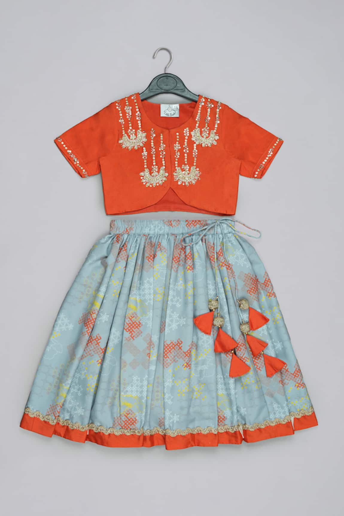 Little Brats Orange Embroidered Blouse & Ghagara Set 