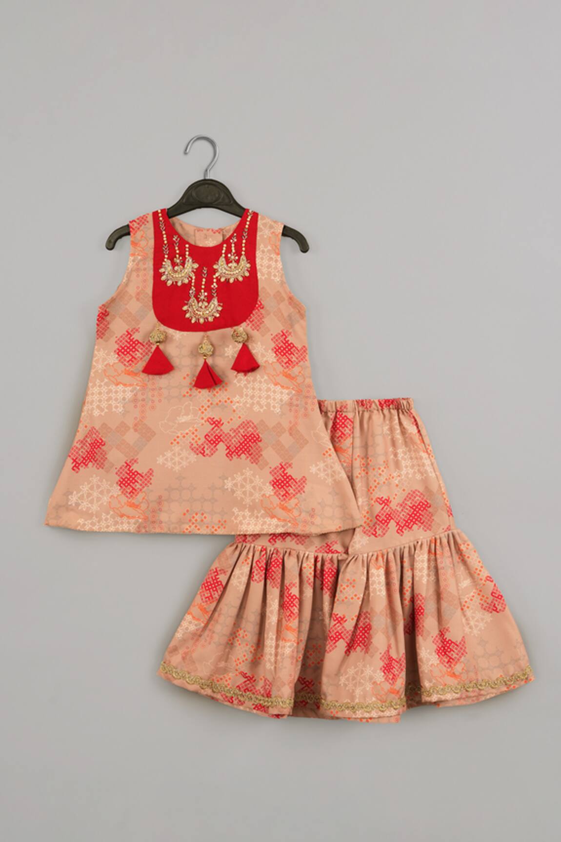 Little Brats Beige & Red Embroidered Top & Sharara Set 