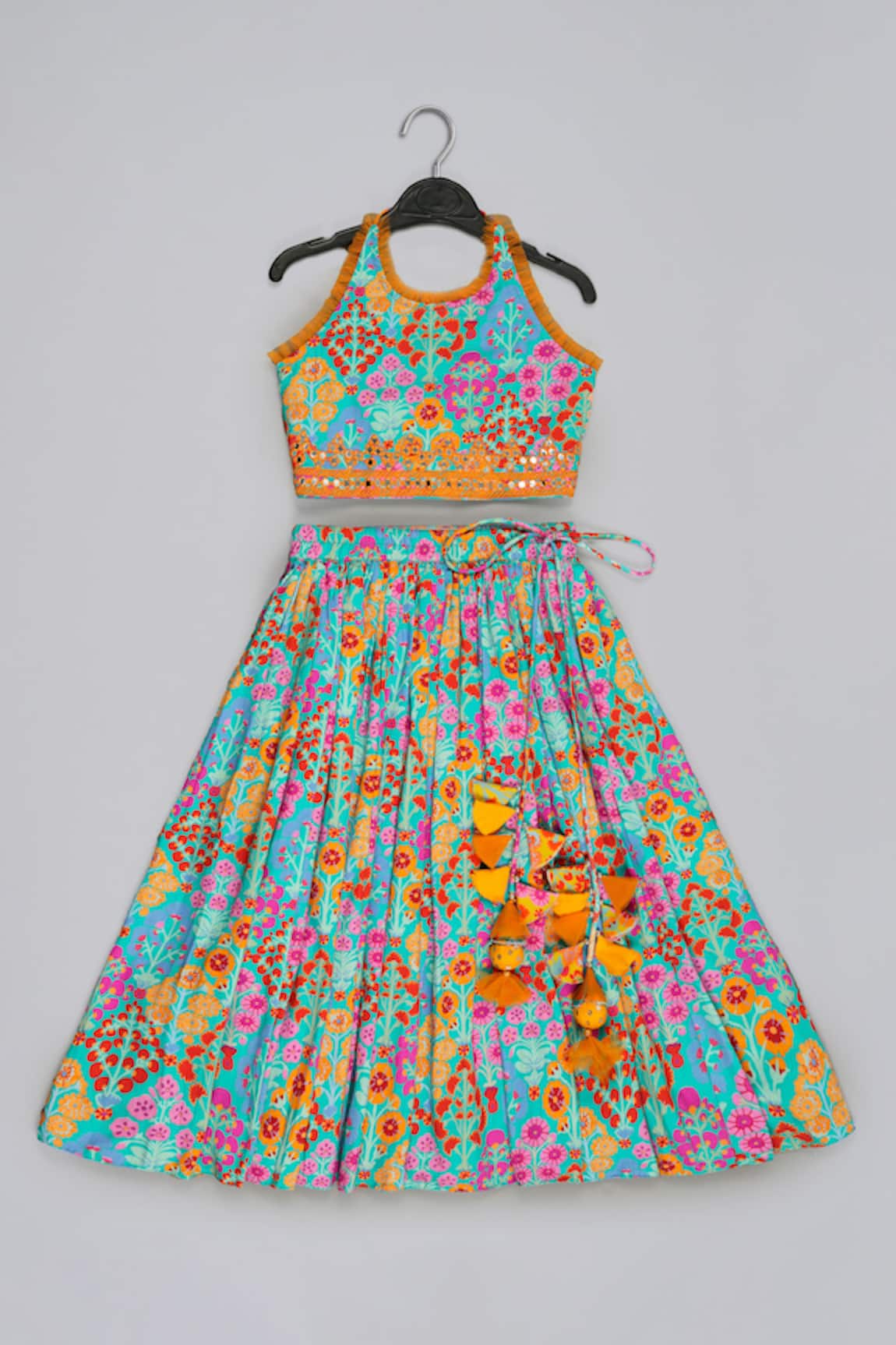 Little Brats Blue Embroidered Blouse & Ghagara Set 