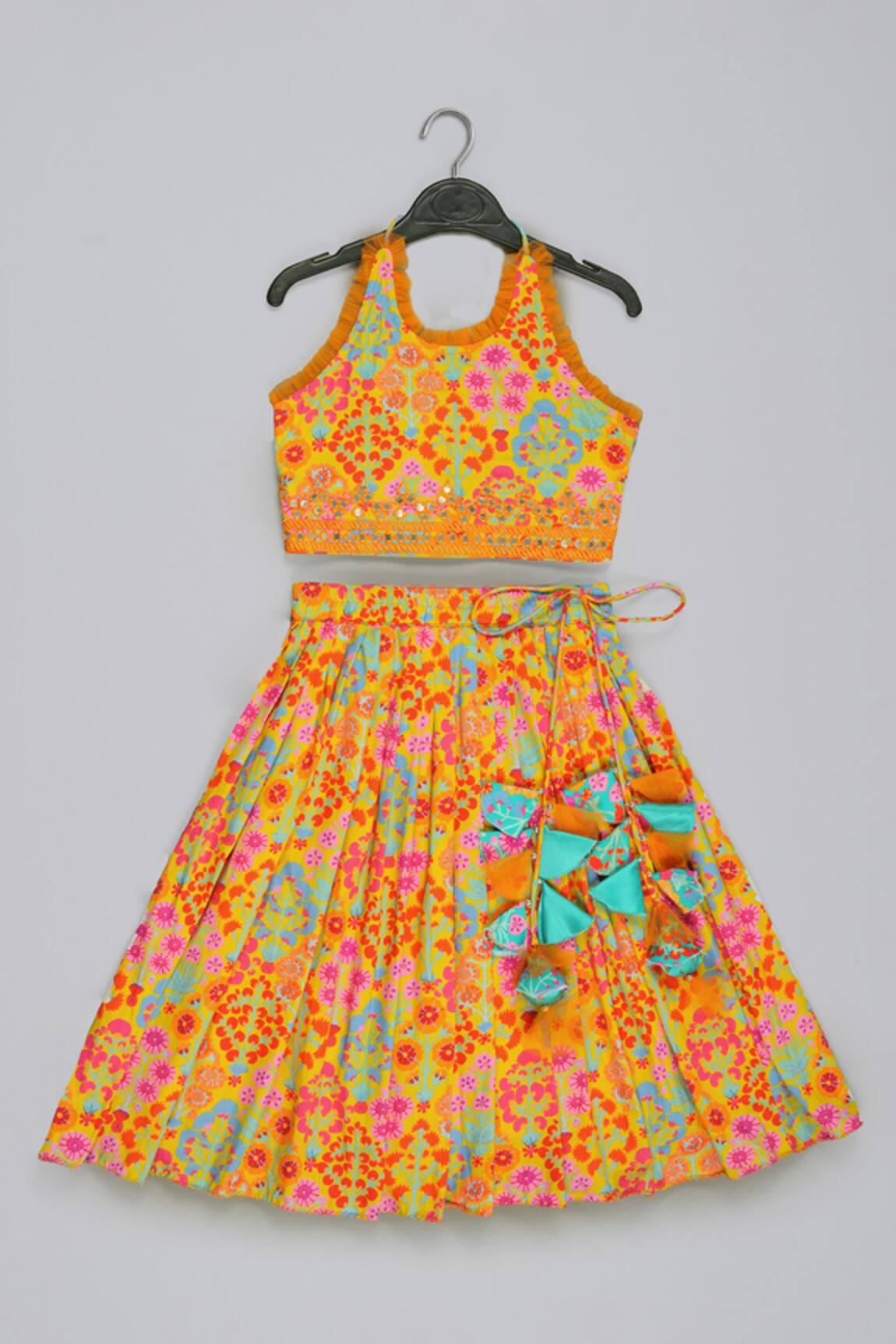 Little Brats Mustard Embroidered Blouse & Ghagara Set 
