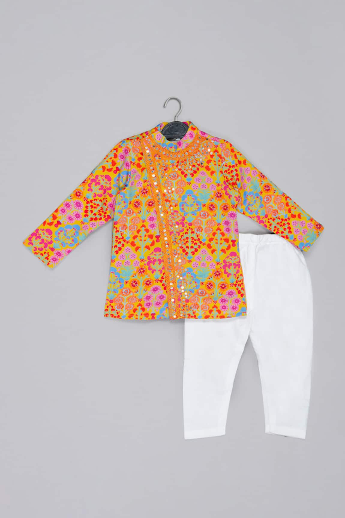 Little Brats Mustard Embroidered Kurta & Pajama Set 