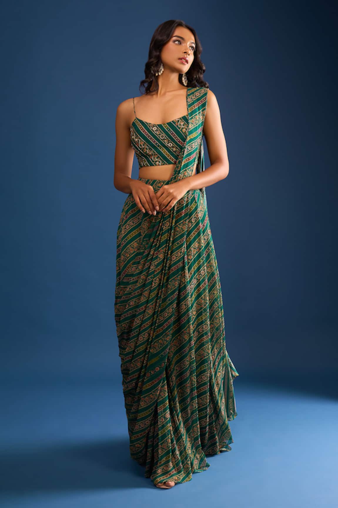 Samyukta Singhania Green Hand Embroidered Pre-Draped Saree Set 