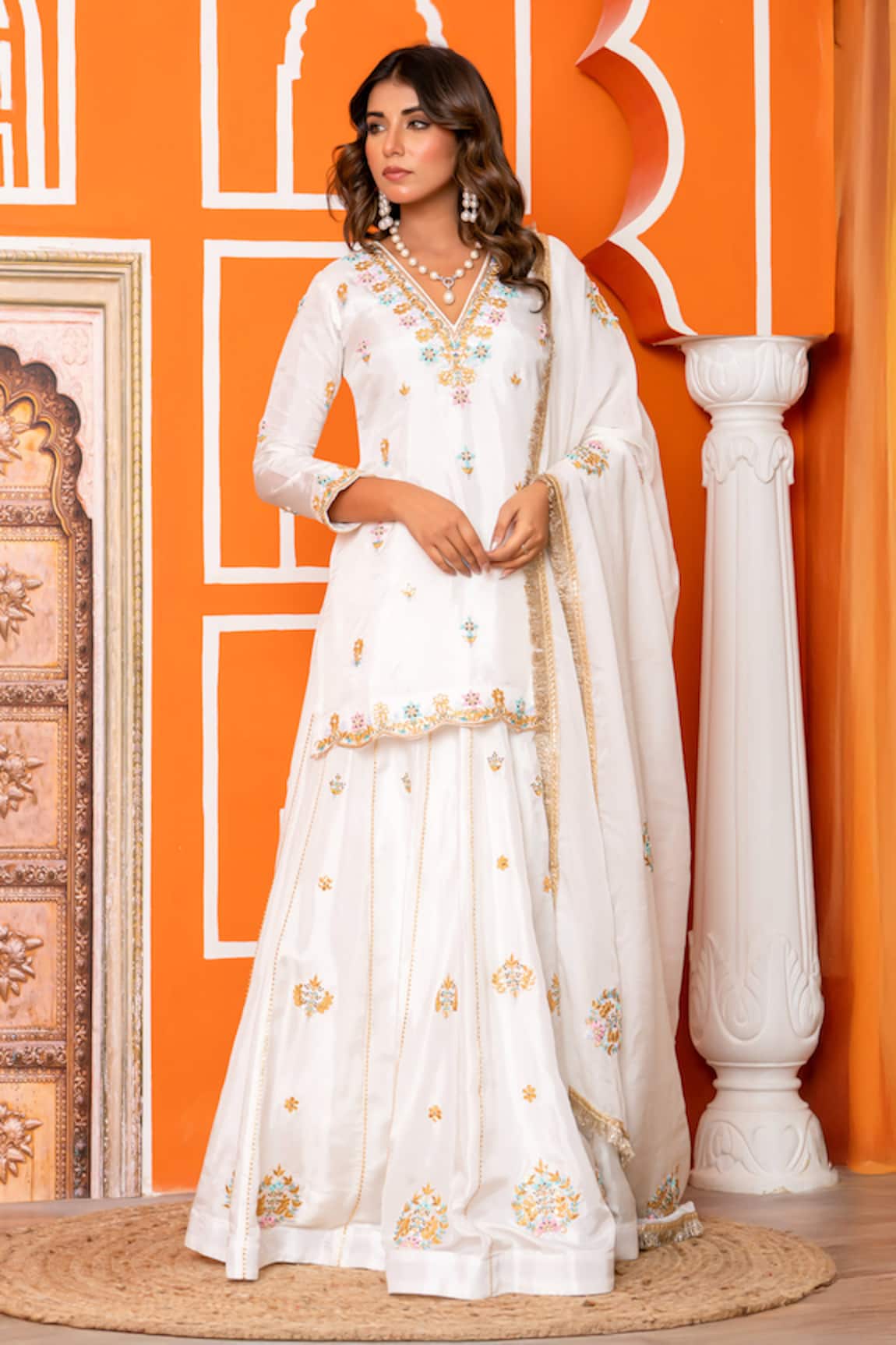 Yuvraani Jaipur Ivory Silk Embroidered Kurta Sharara Set 