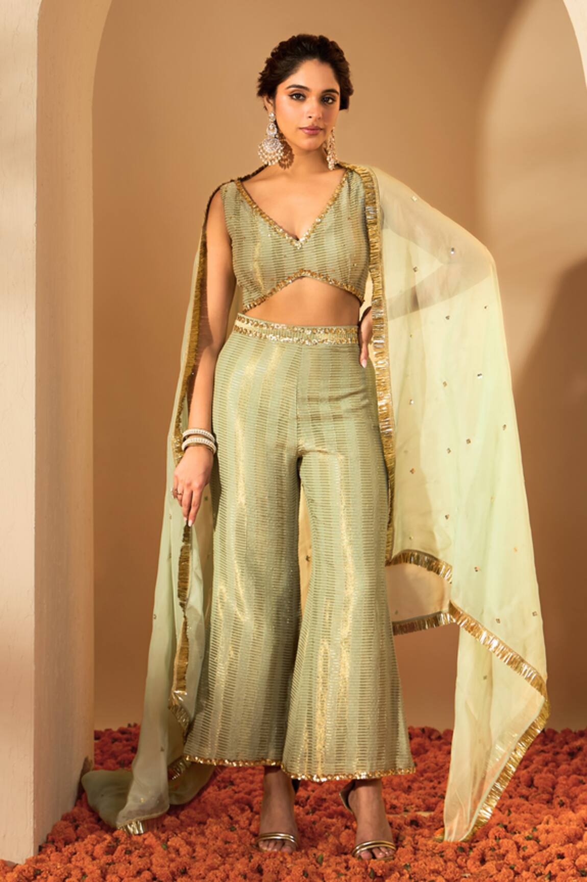 Roohbyridhimaa Sage Green Sequin Woven Blouse Pant Set 