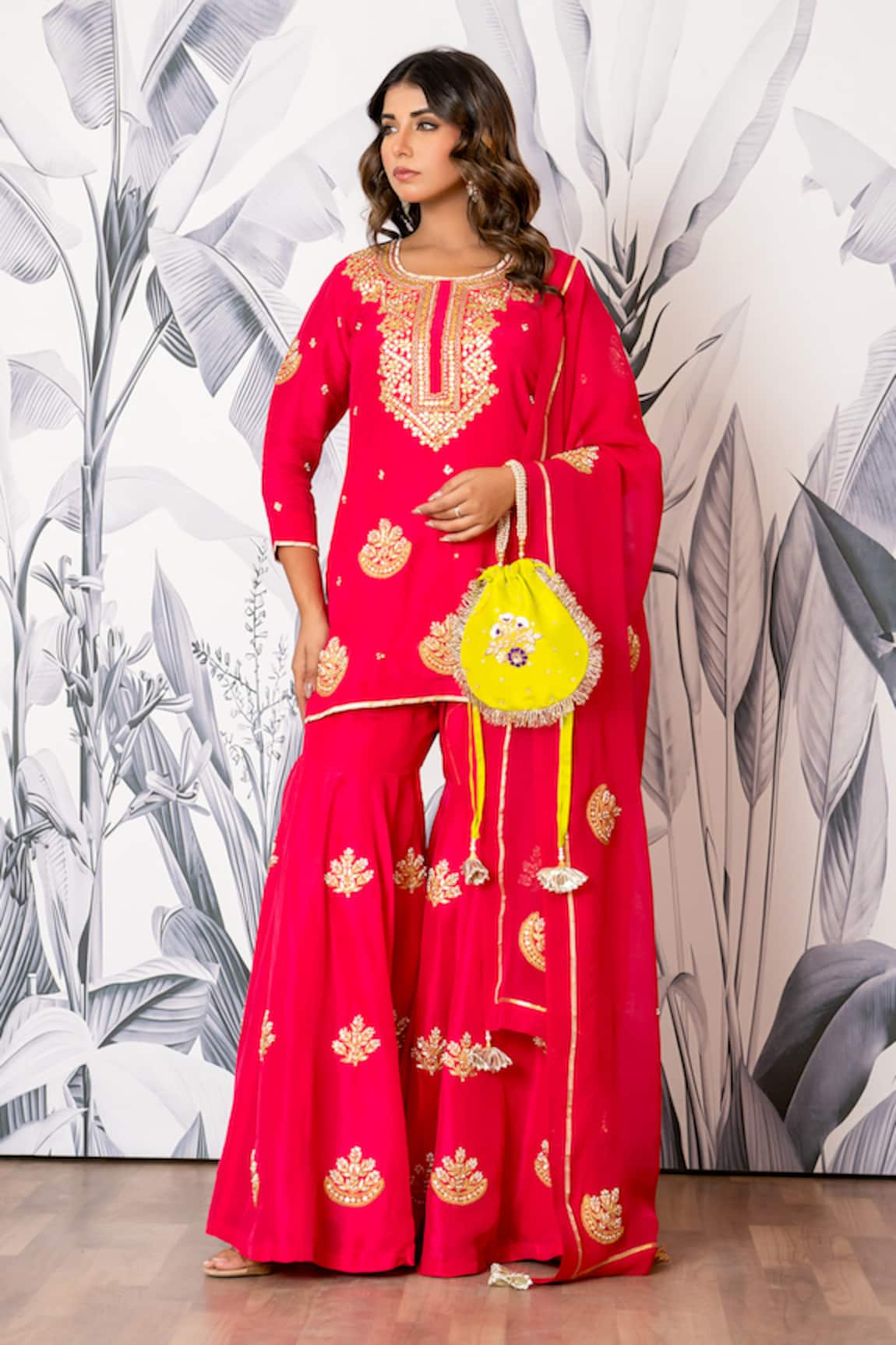 Yuvraani Jaipur Pink Embroidered Kurta Sharara Dupatta Set 