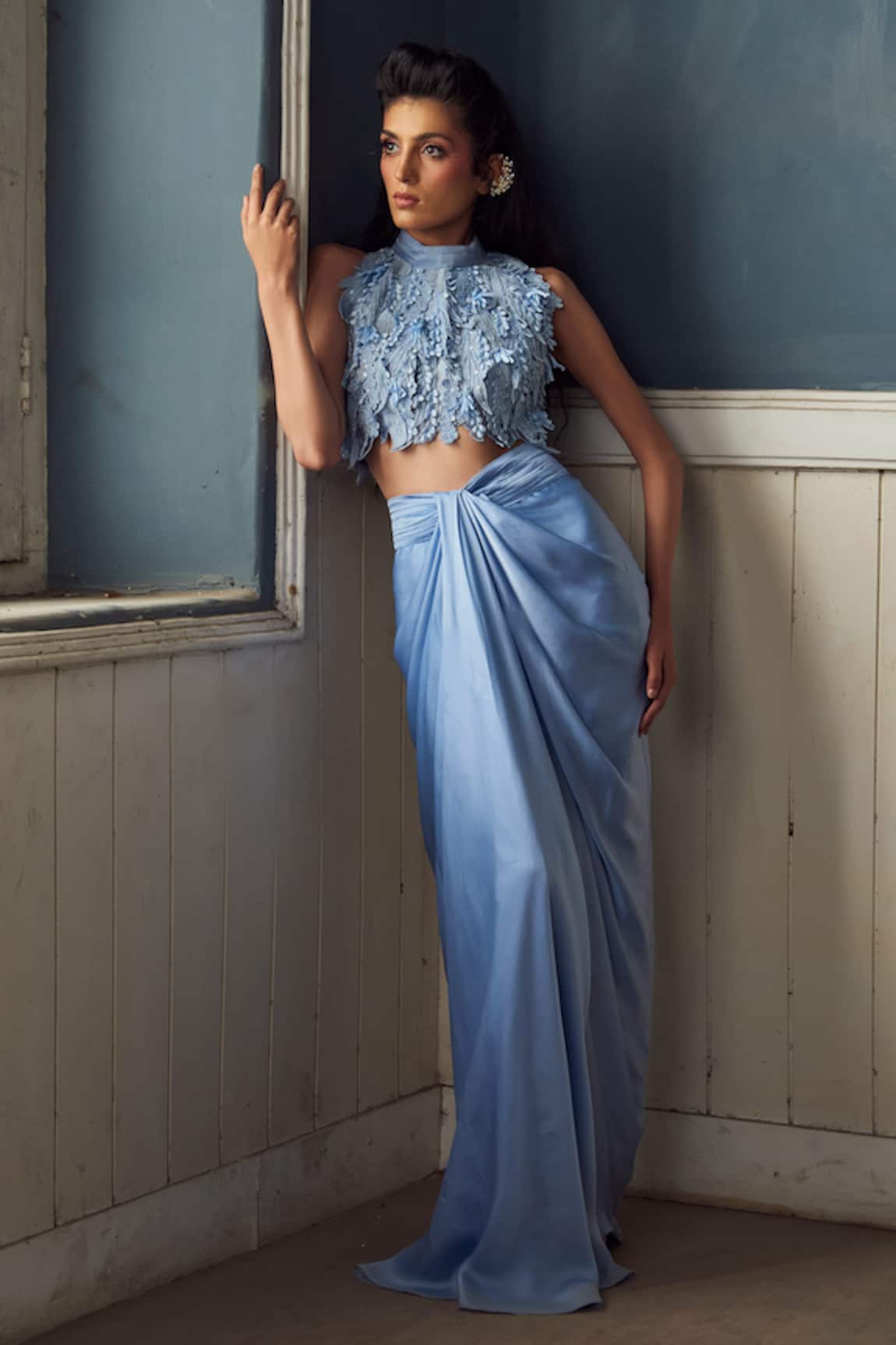 Piri India Lavender Blue Designer Blouse & Skirt Set 