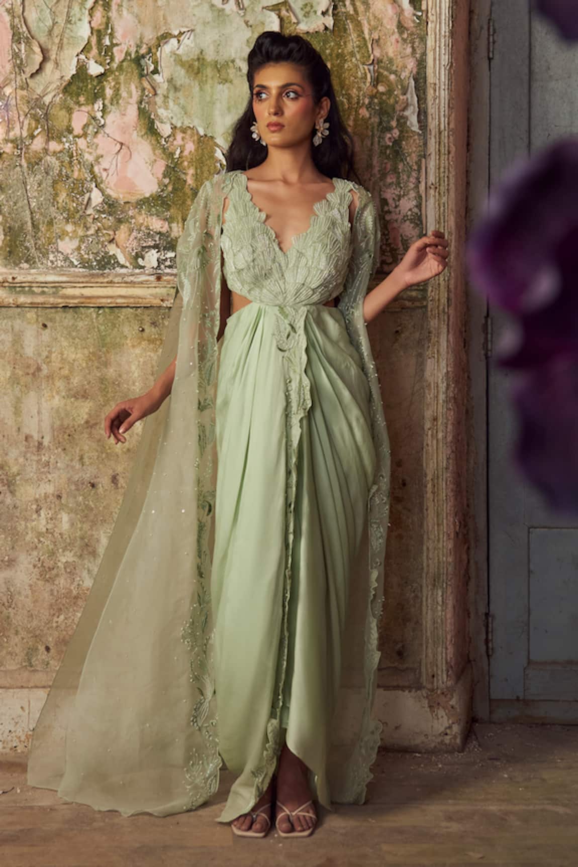 Piri India Sage Green Embroidered Drape Dress Set 