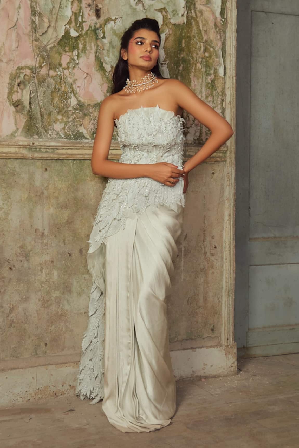 Piri India Designer Cloud Grey Embroidered Top & Skirt 