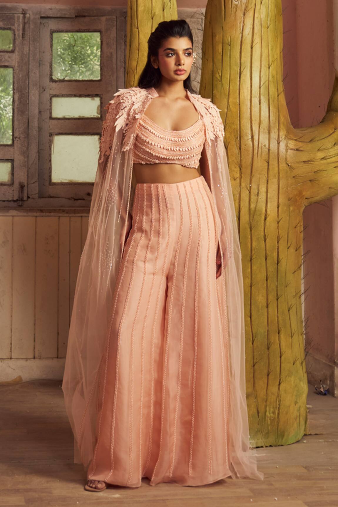 Piri India Tender Peach Chanderi Bustier Pants & Cape Set 