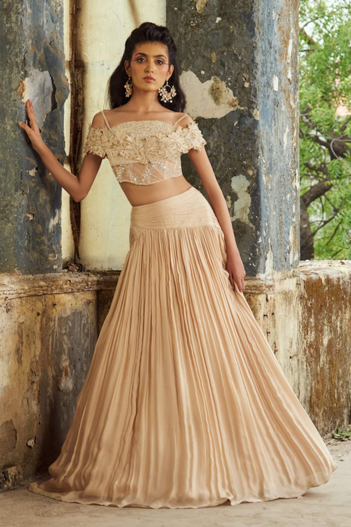 Piri India Beige 3D Embroidered Lehenga Set 