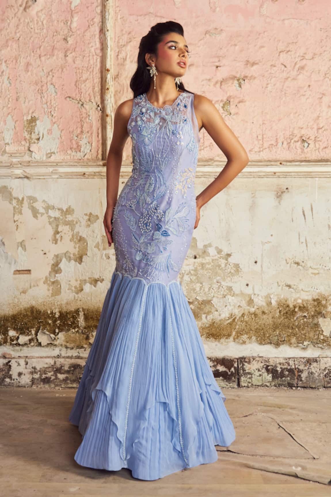 Piri India Lavender Blue Embroidered Designer Gown 