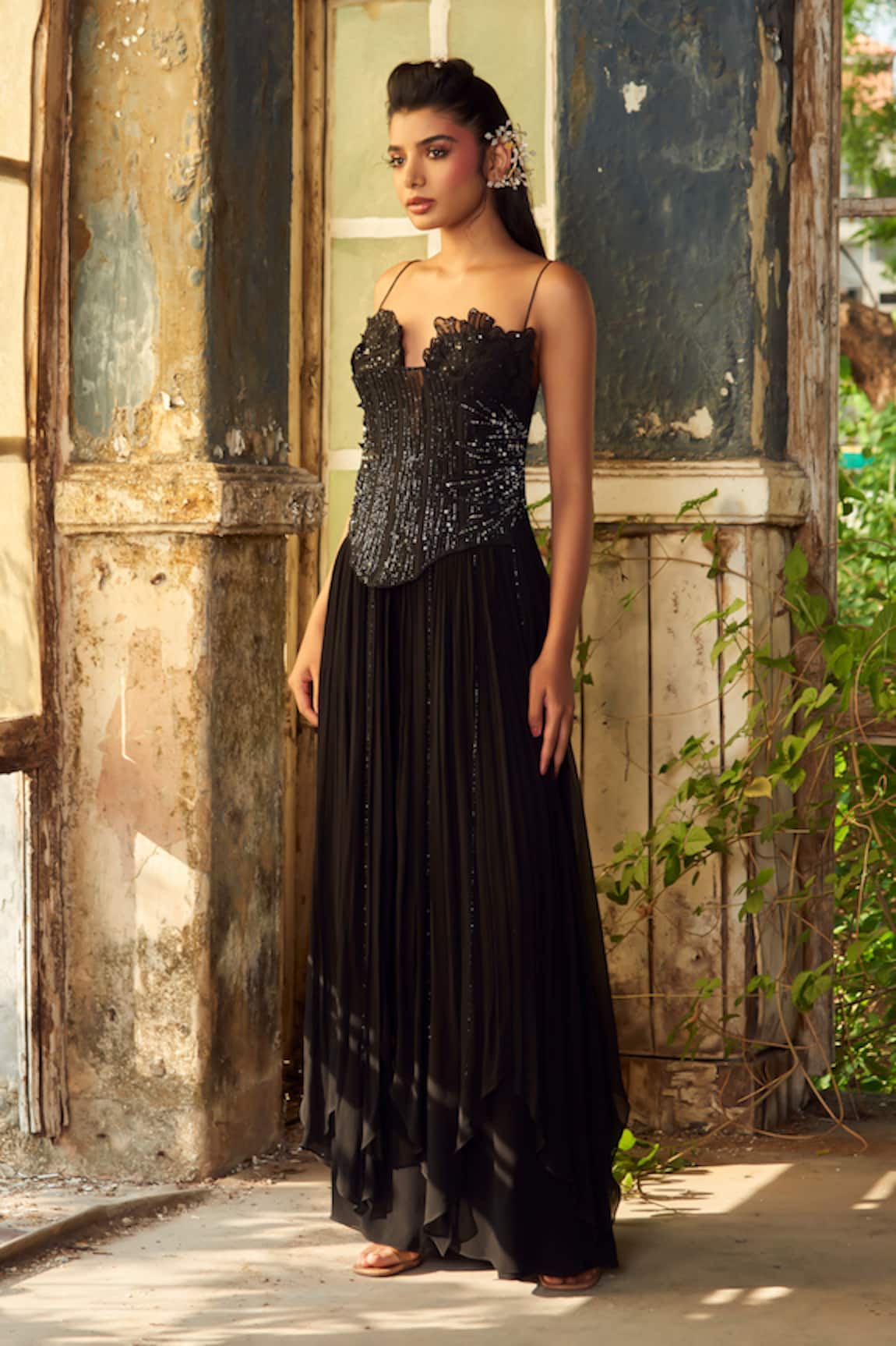 Piri India Black 3D Embroidered Jumpsuit & Corset Set 