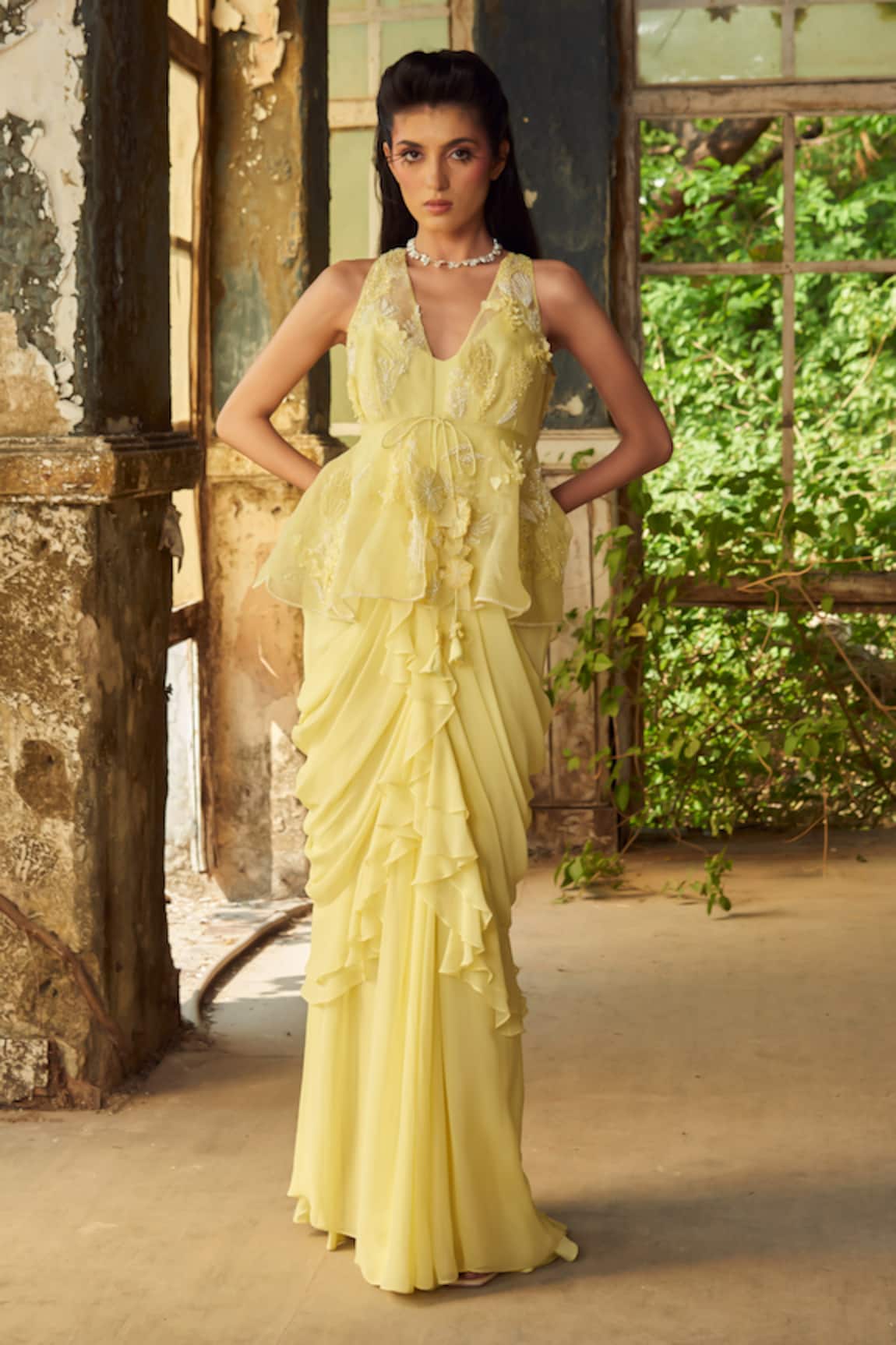Piri India Lemon Yellow Designer Gown & Peplum Jacket Set 