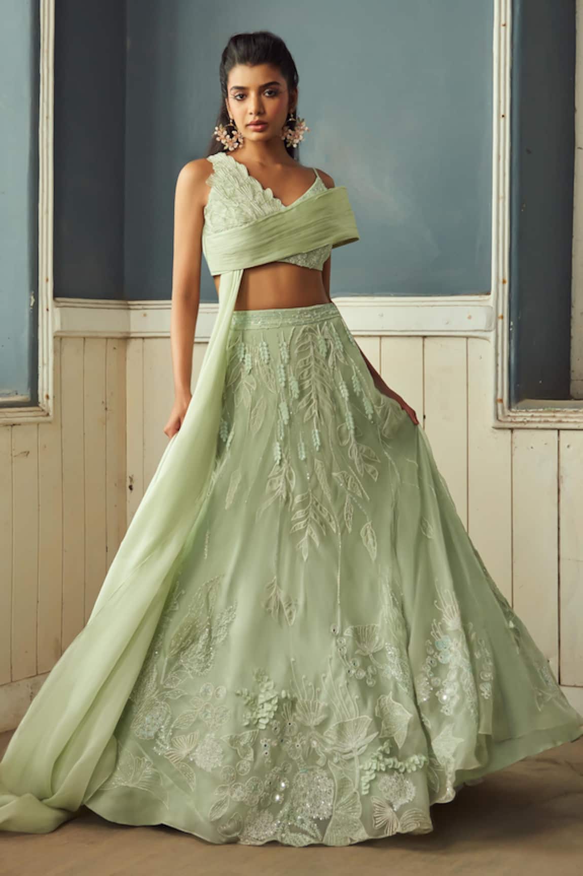 Piri India Sage Green 3D Applique Lehenga Set 