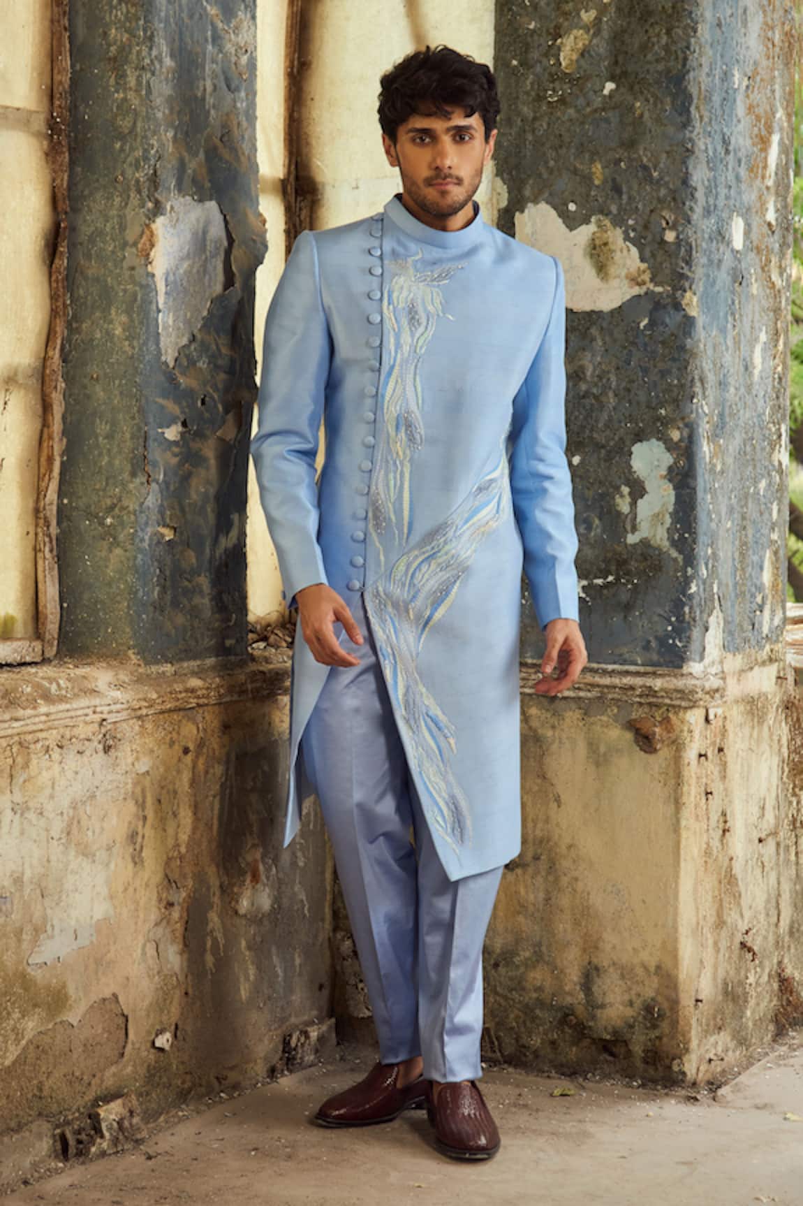 Piri India Lavender Blue Thread Embroidered Sherwani Set 