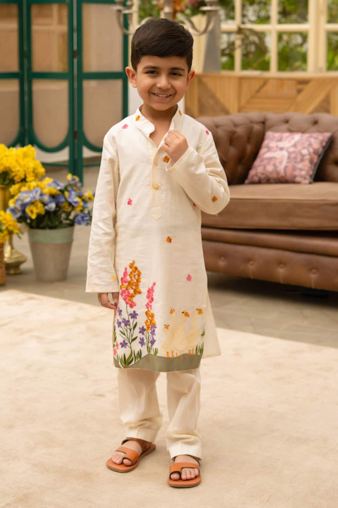Fayon Kids Off White Designer Kurta Pant Set 