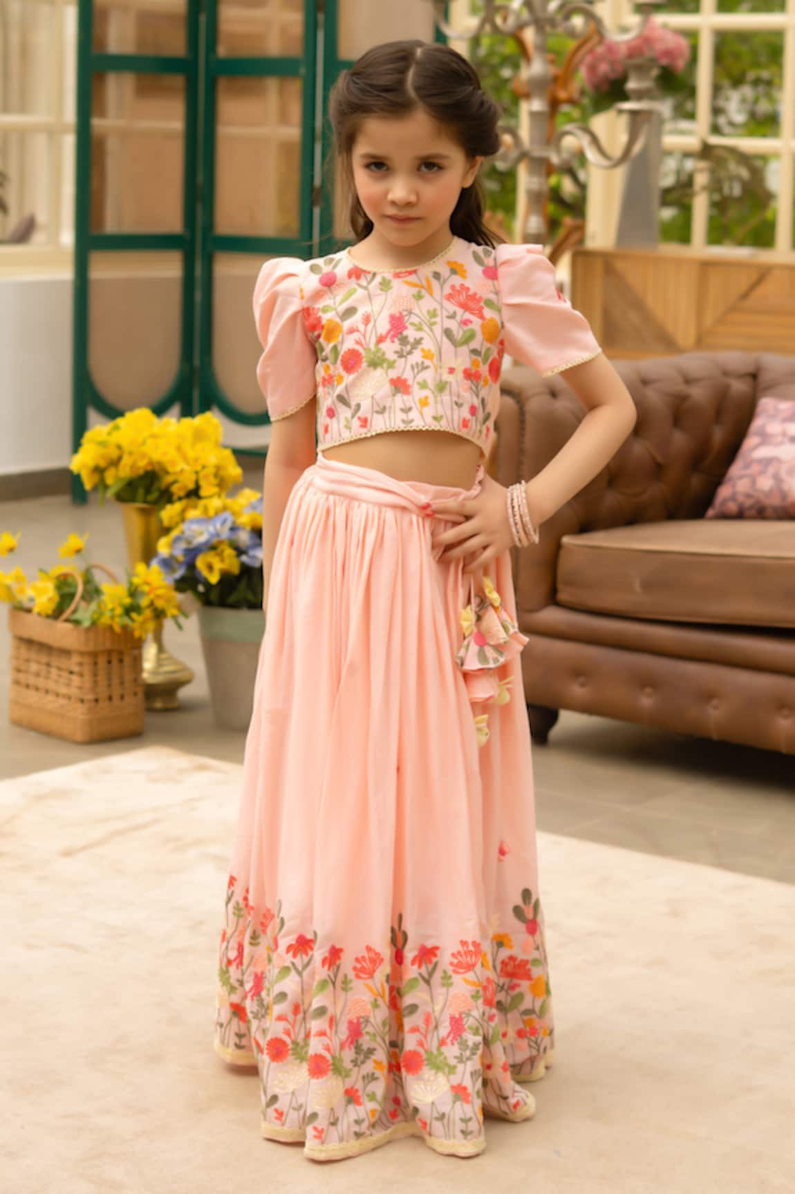 Fayon Kids Peach Floral Embroidered Lehenga Set 