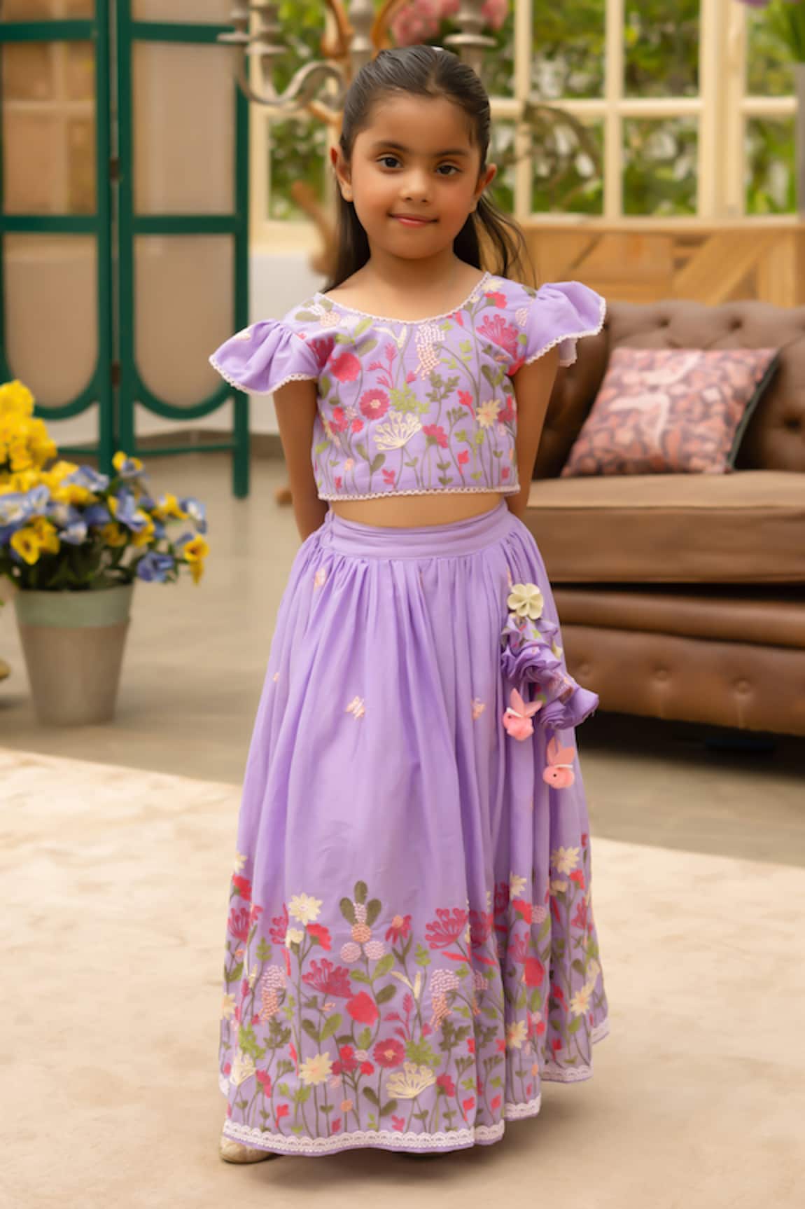 Fayon Kids Purple Floral Embroidered Lehenga Set 