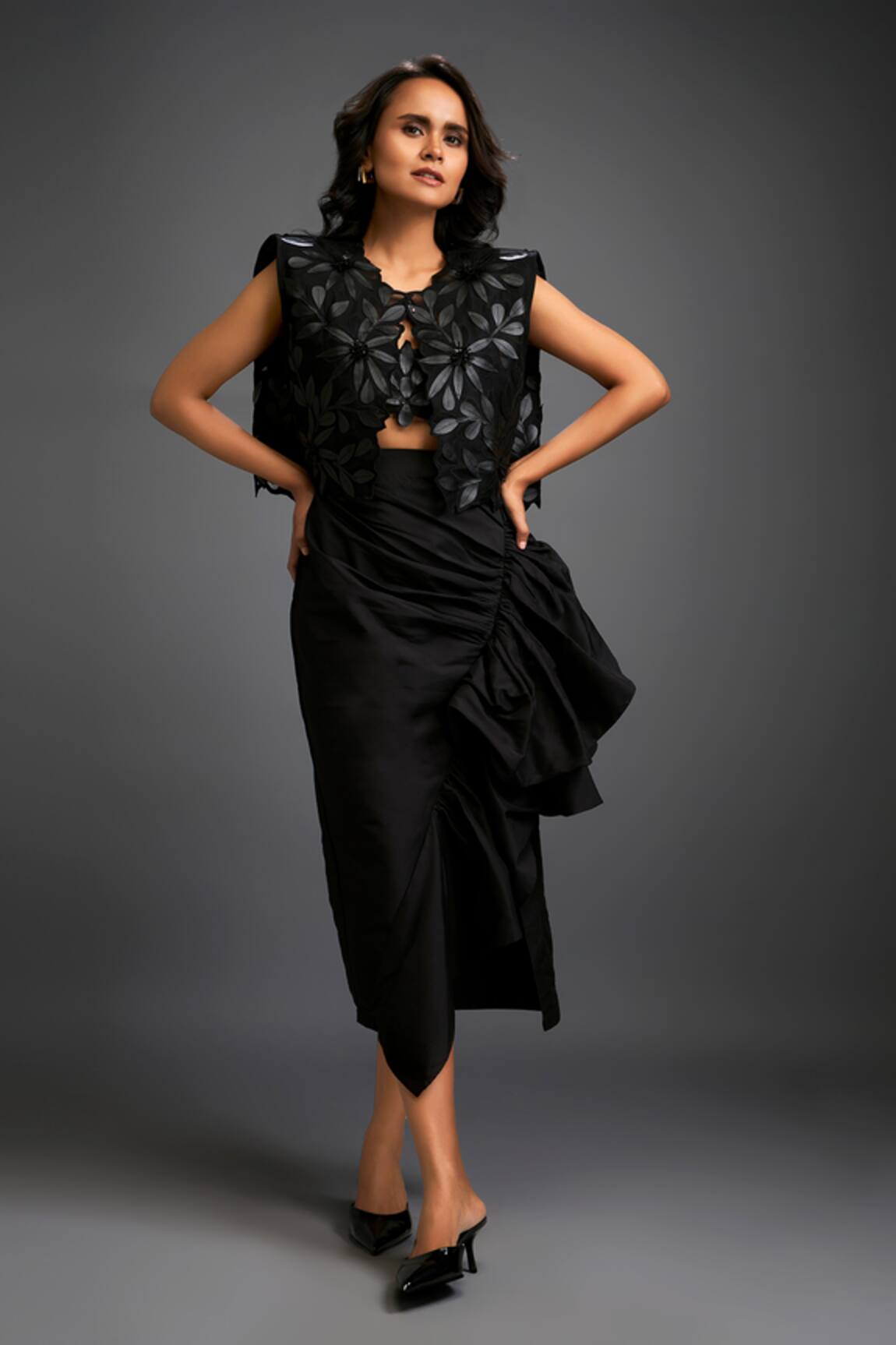 Deepika Arora Black Floral Applique Jacket Ensemble 