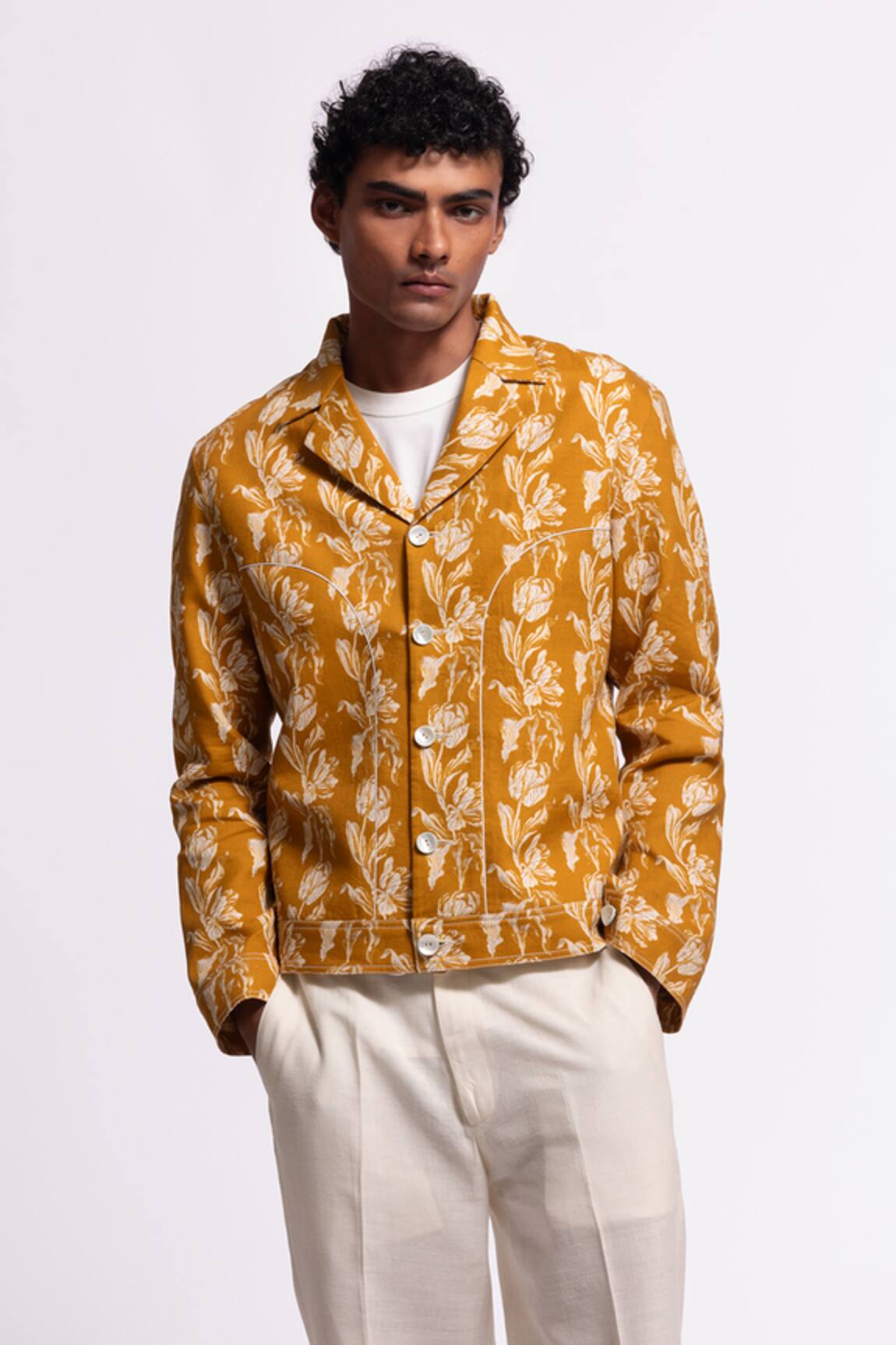 Balance By Rohit Bal Floral Print Yellow Linen Jacket 