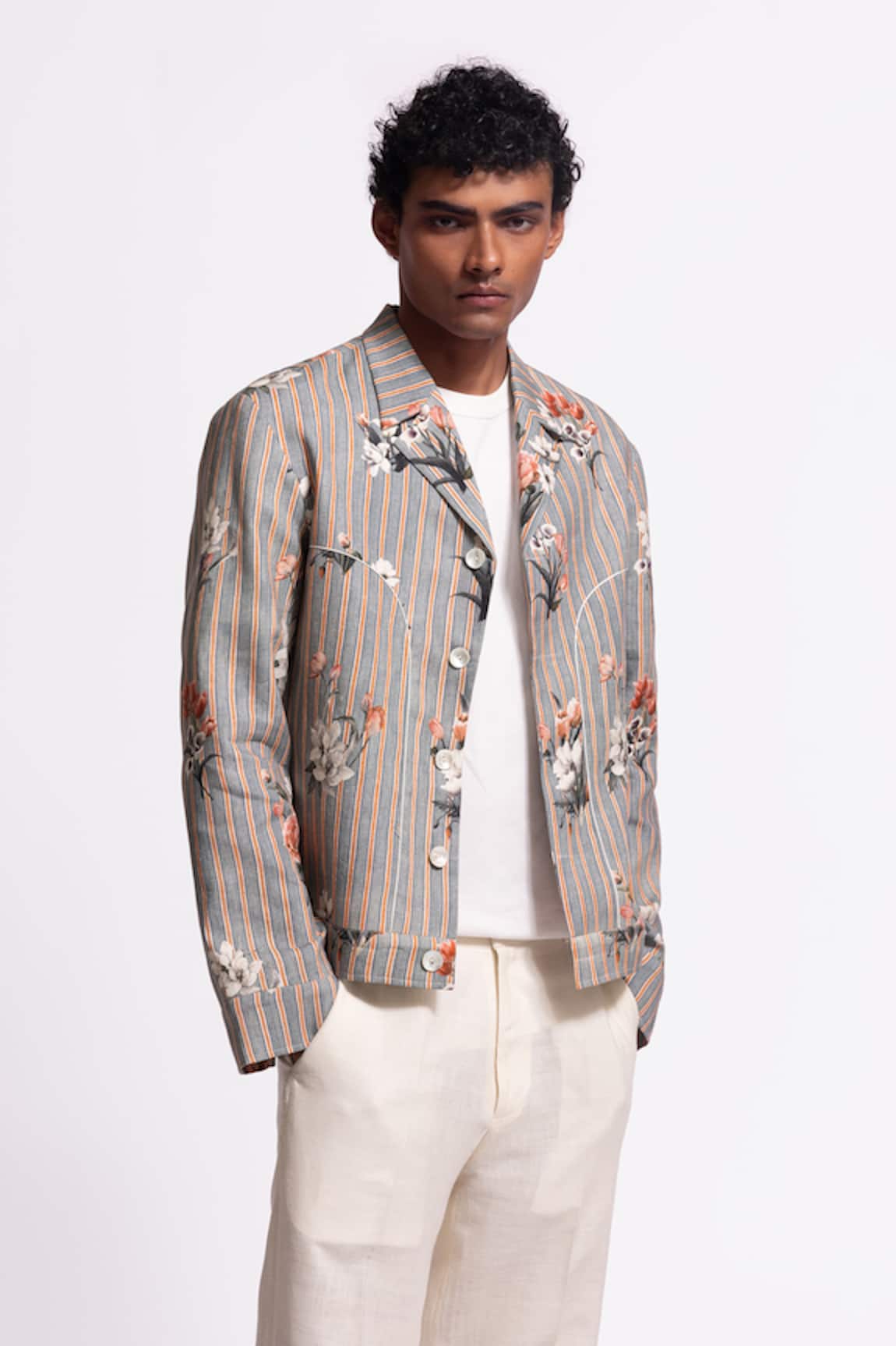 Balance By Rohit Bal Grey Striped Floral Designer Jacket 