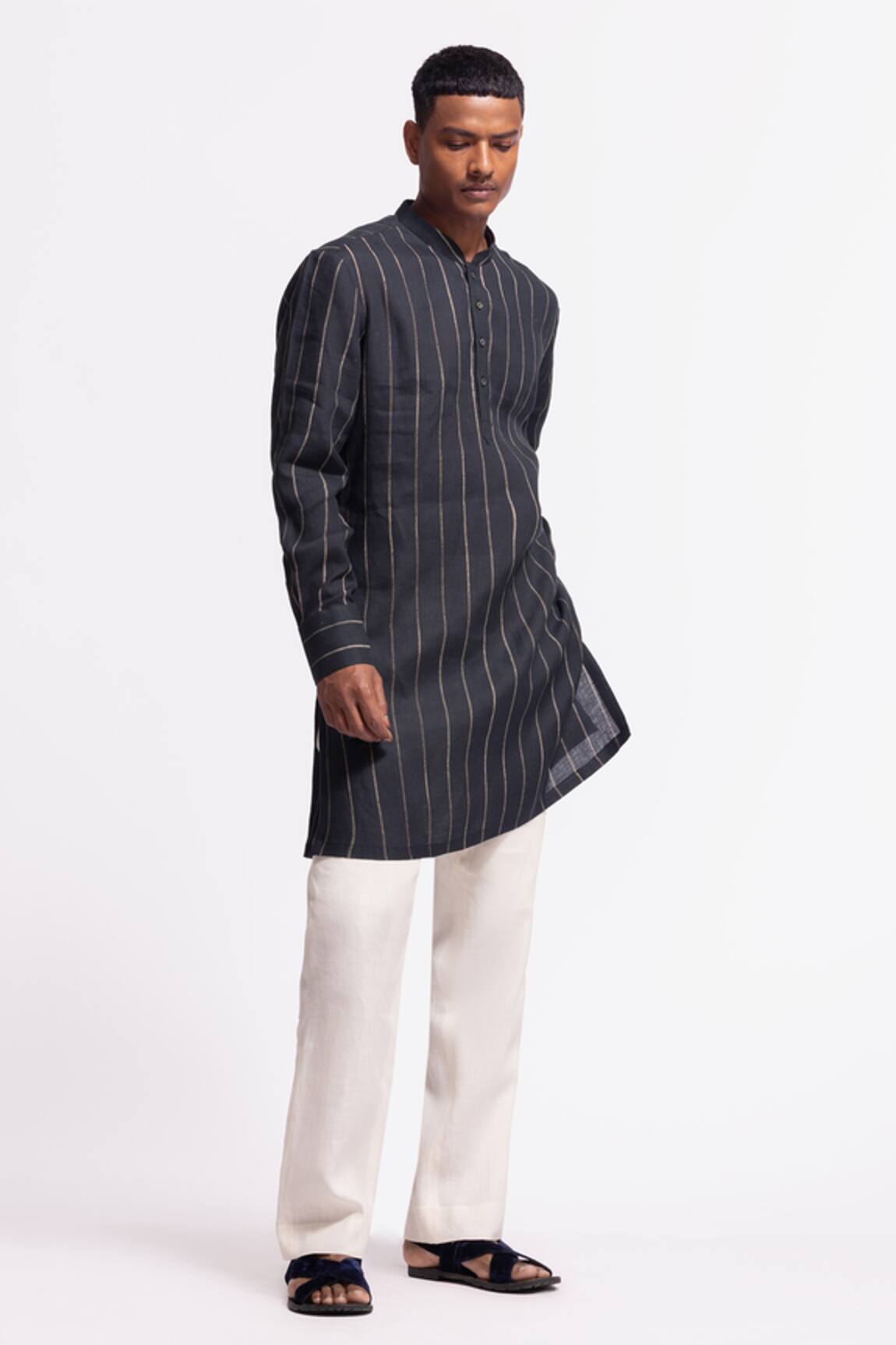 Balance By Rohit Bal Black Striped Linen Kurta 
