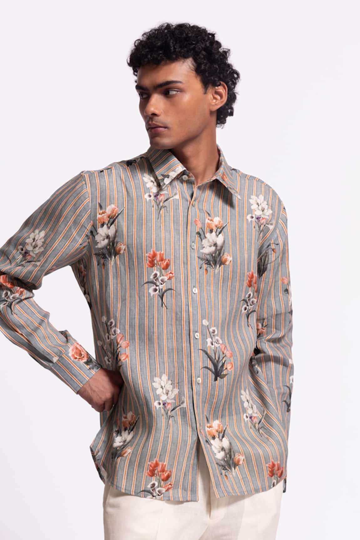 Balance By Rohit Bal Floral Print Designer Linen Shirt 