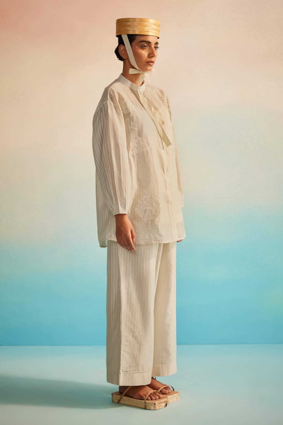Ahmev Ivory Chanderi Mandarin Shirt 