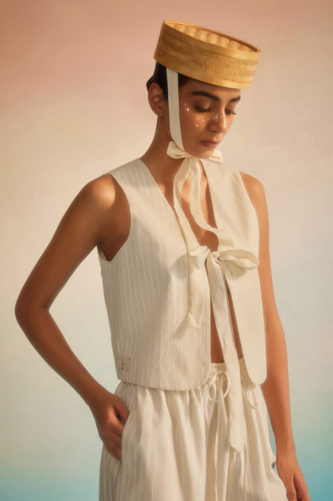 Ahmev Ivory Chanderi Reversible Vest 