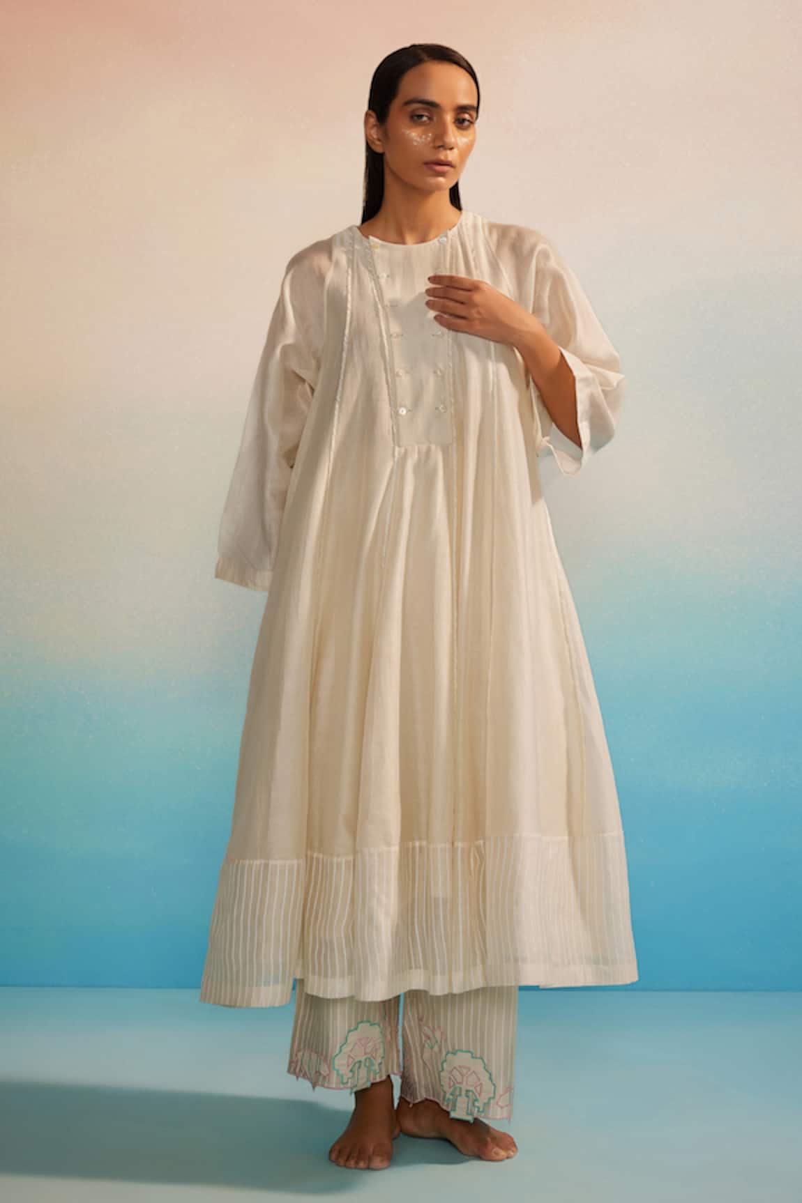 Ahmev Ivory Chanderi Panelled Kurta 