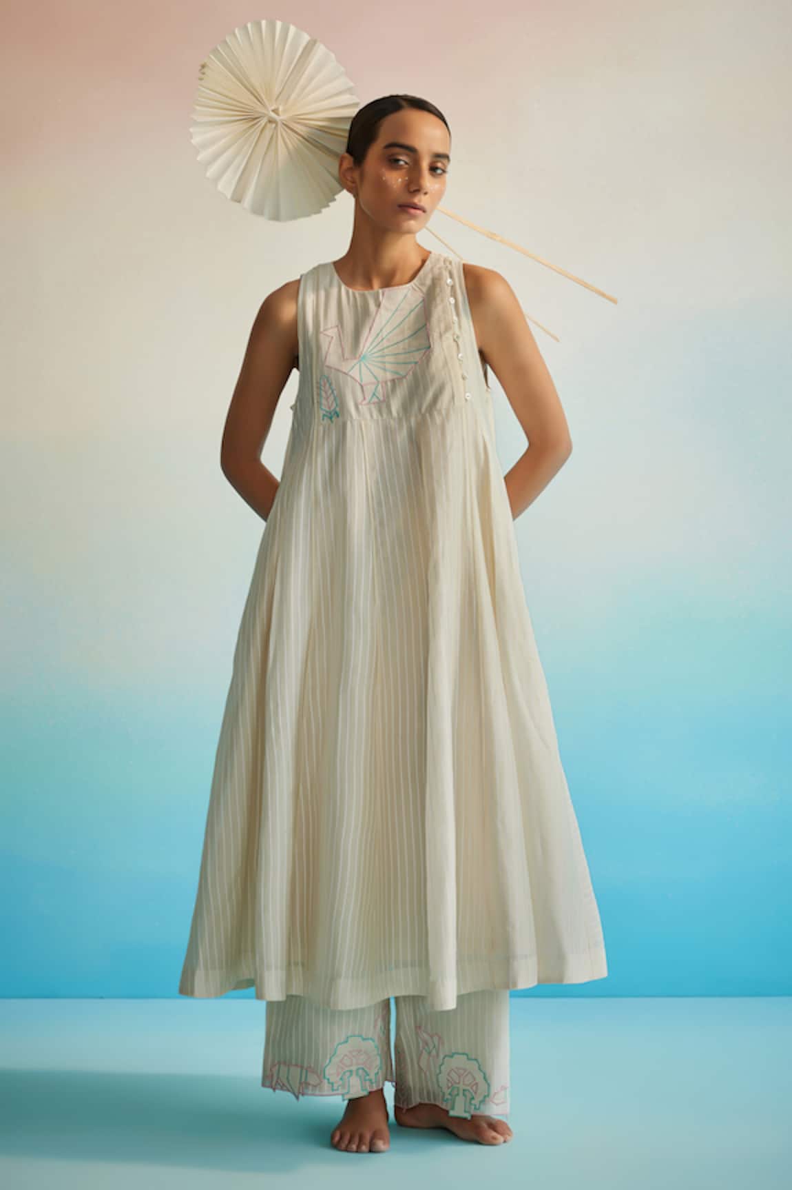 Ahmev Ivory Striped Chanderi Kurta Set 