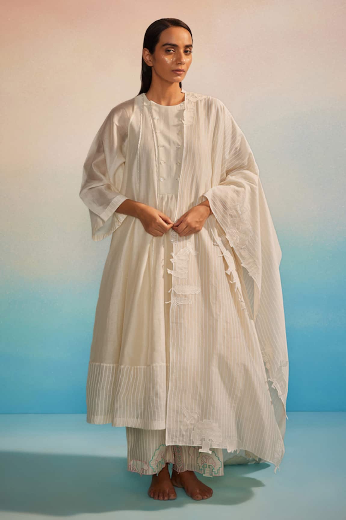 Ahmev Ivory Midori Panelled Kurta Set 