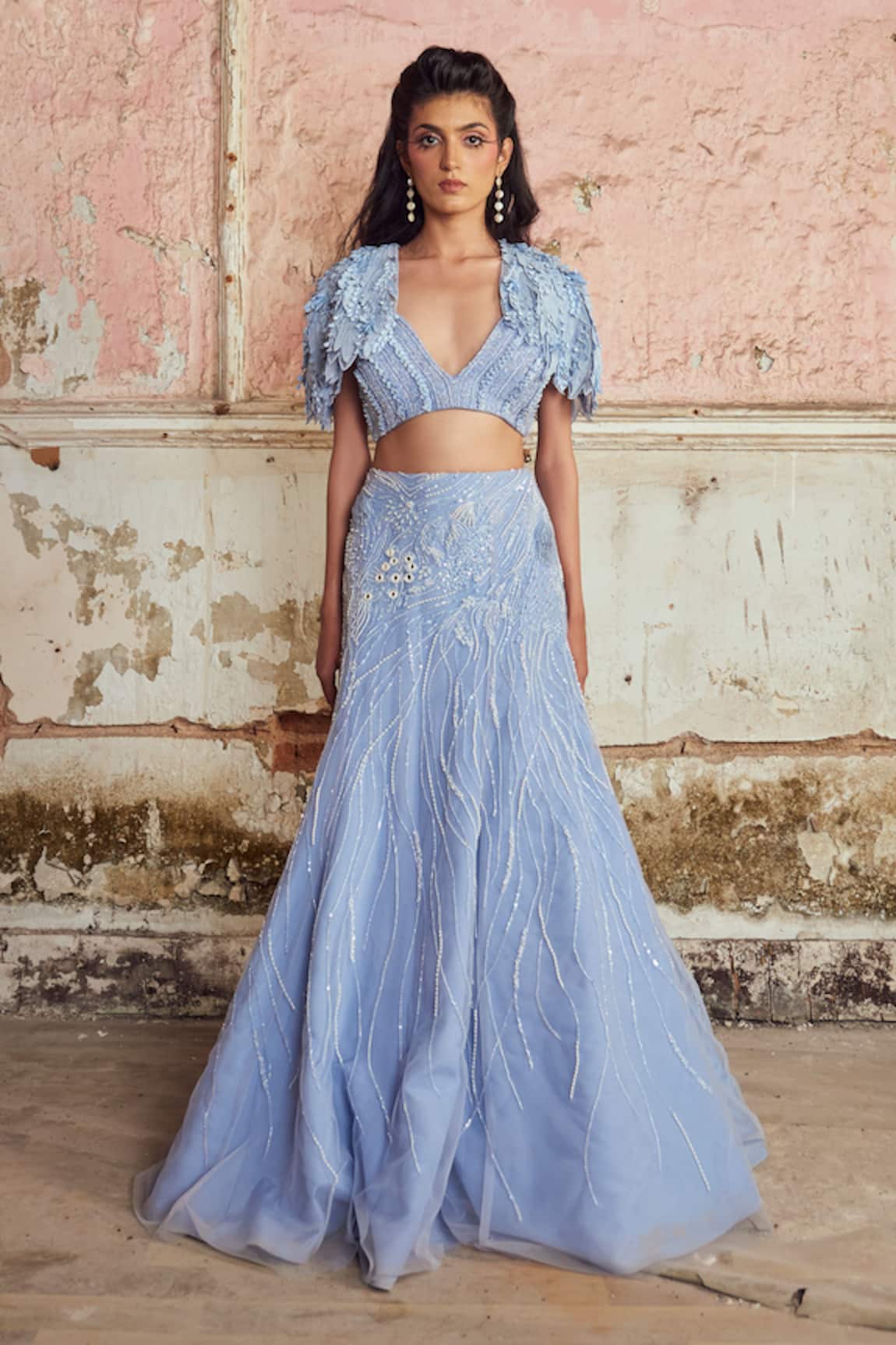 Piri India Lavender Blue Embroidered Cape Lehenga Set 