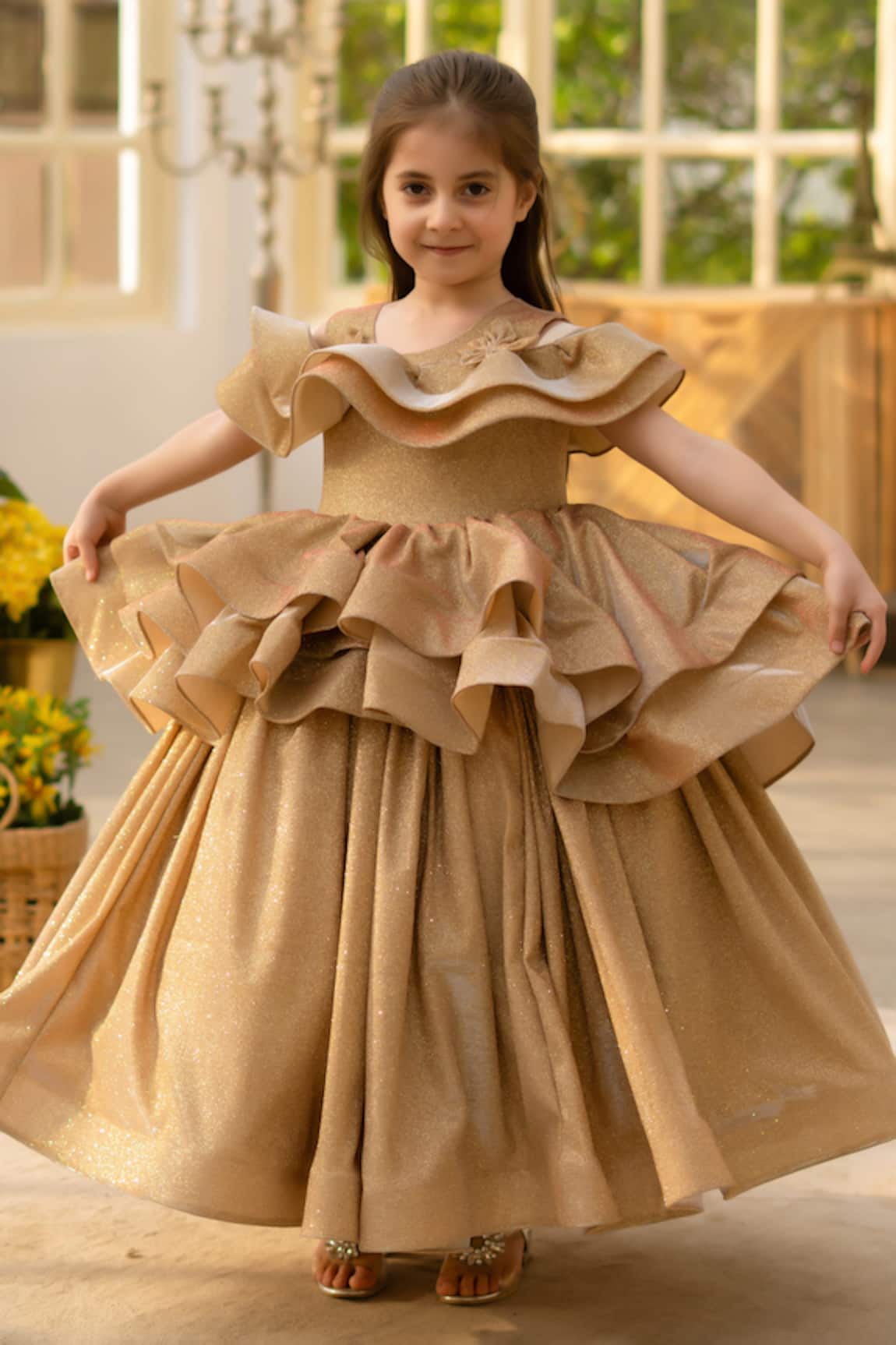 Fayon Kids Gold Shimmer Ruffled Dress 