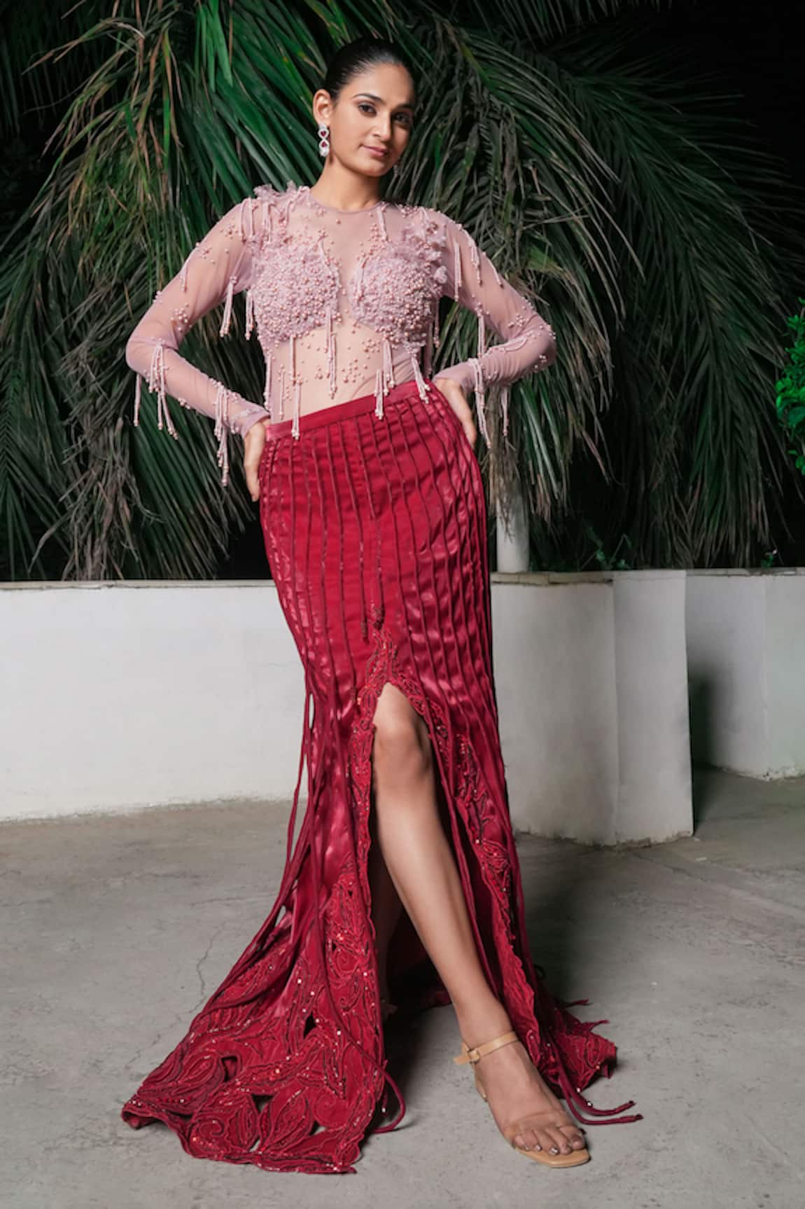 Aurouss Red Designer Skirt & Body Suit Set 