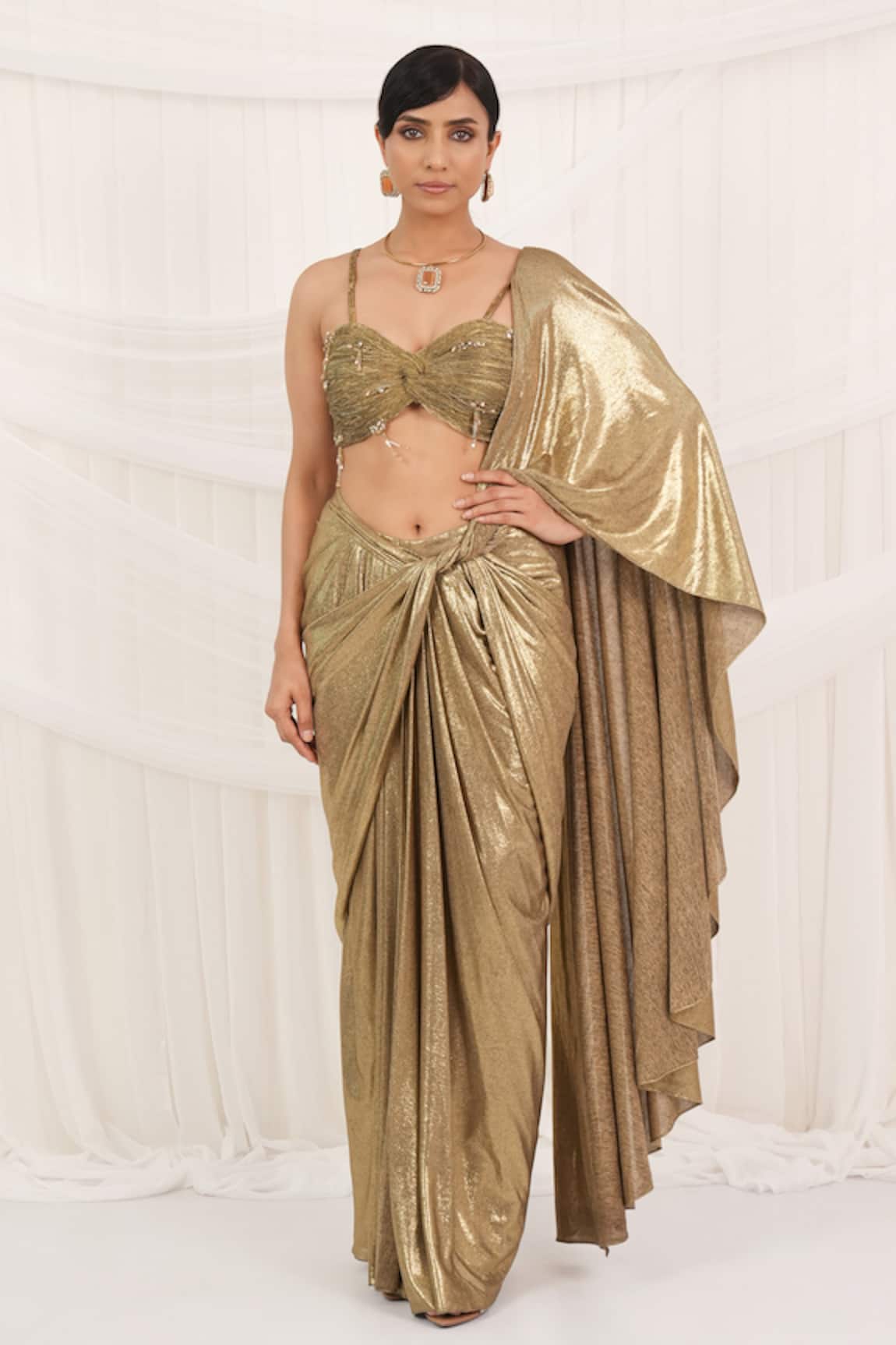 Aurouss Old Gold Pre-Draped Saree Set 