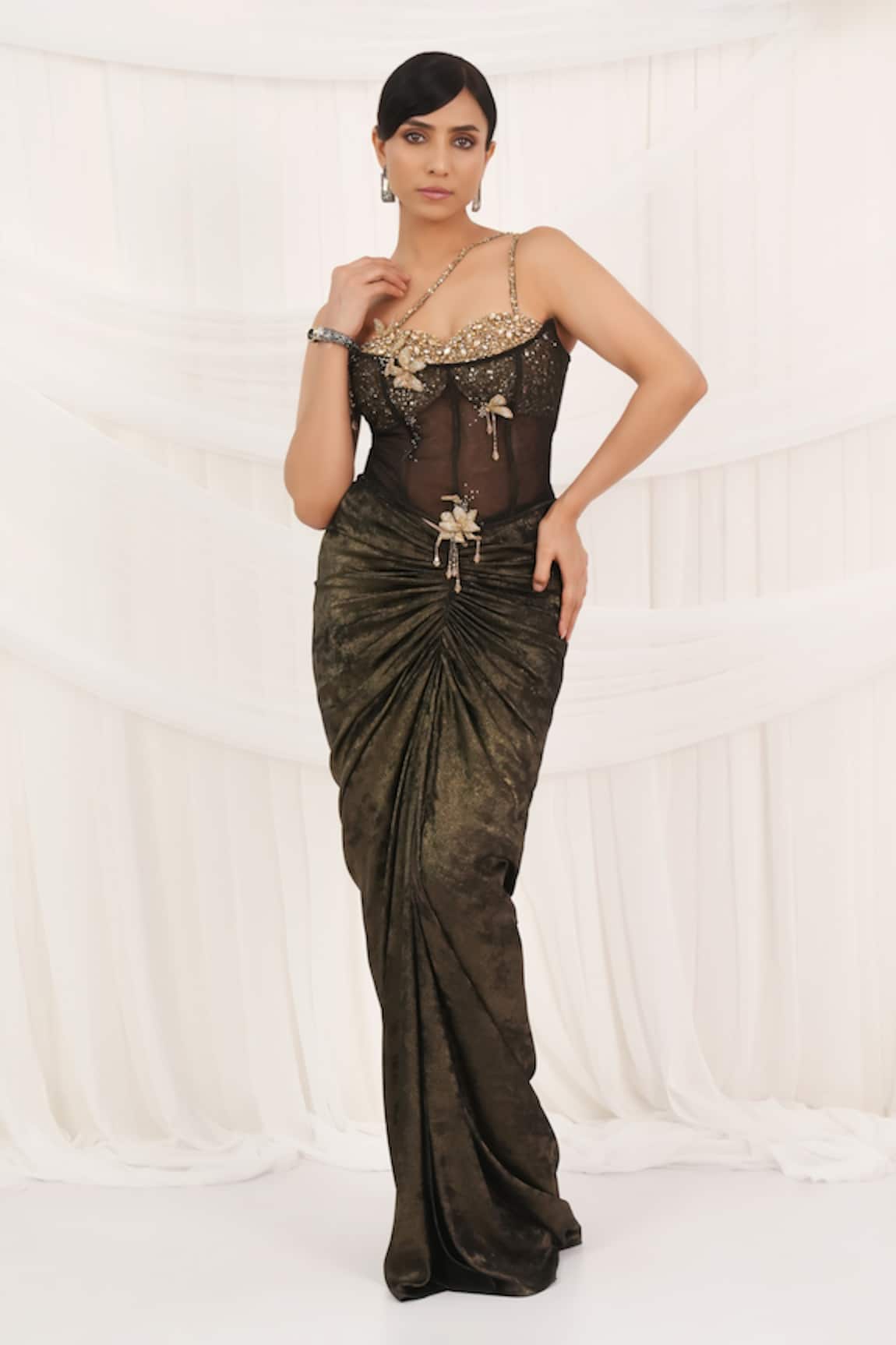 Aurouss Blackish Gold Draped Skirt & Corset Set 