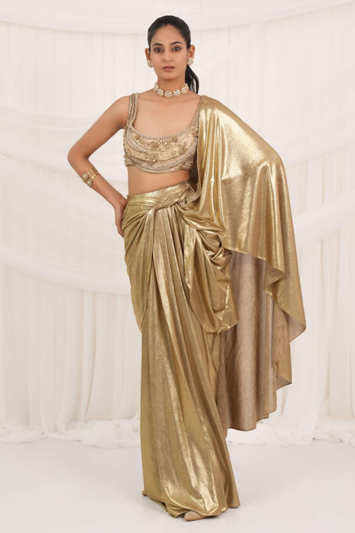 Aurouss Old Gold FoilFlex Pre-Draped Saree Set 