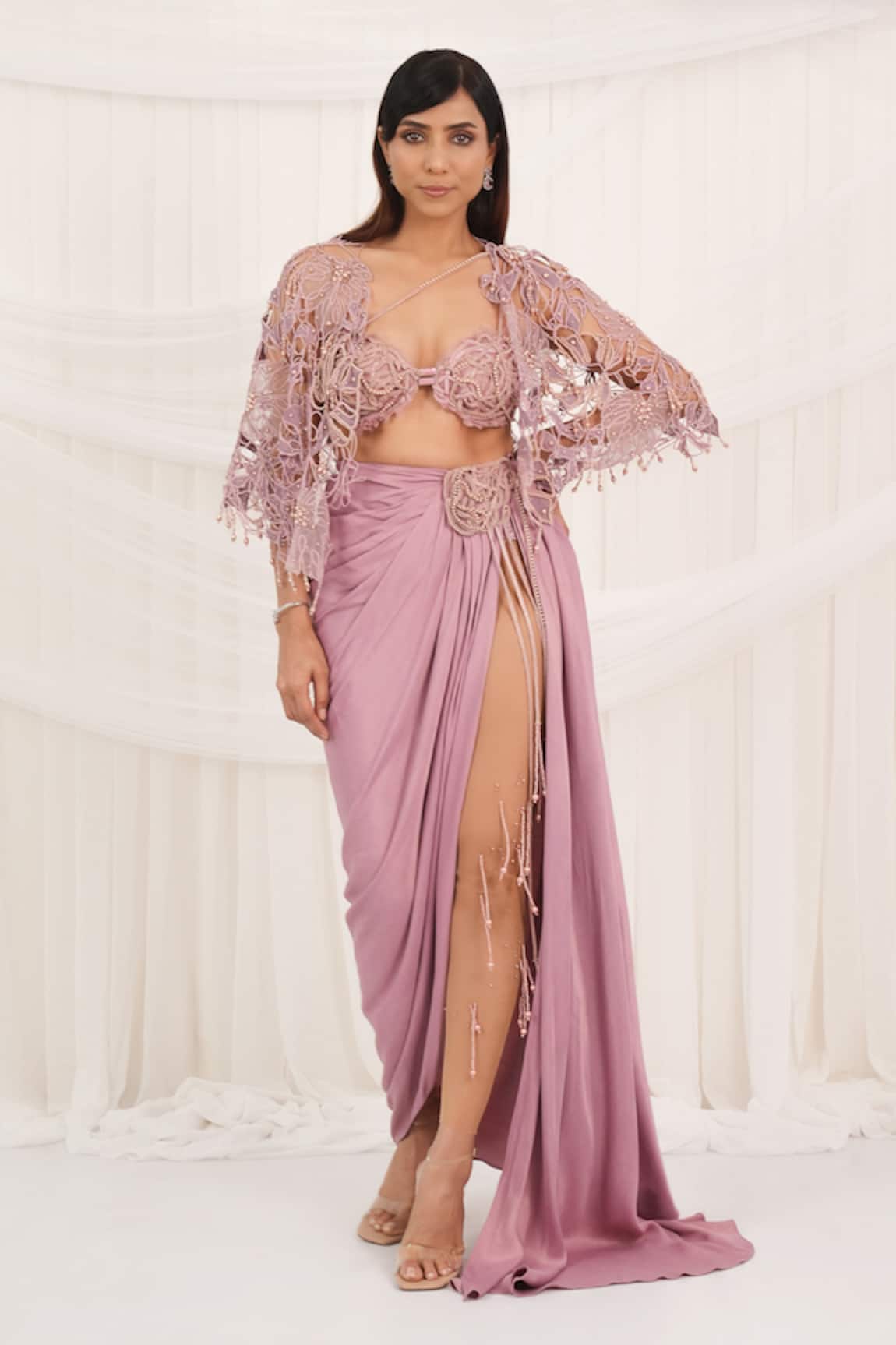 Aurouss Rose Satin Draped Skirt & Cape Set 