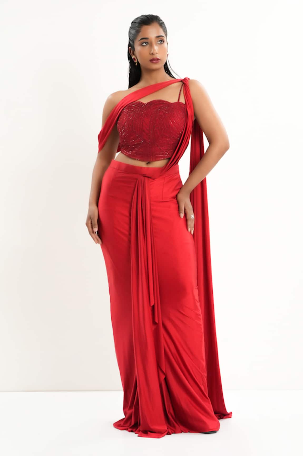 Aurouss Red Pre-Draped Saree With Blouse 