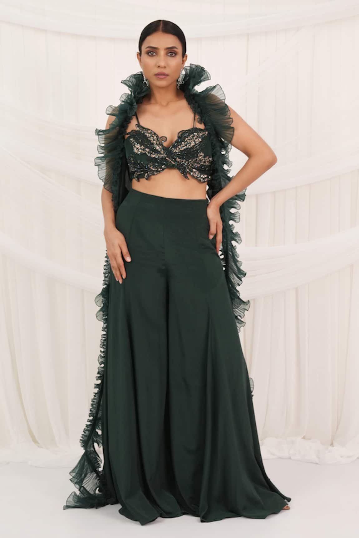 Aurouss Emerald Green Ruffled Cape & Palazzo Set 