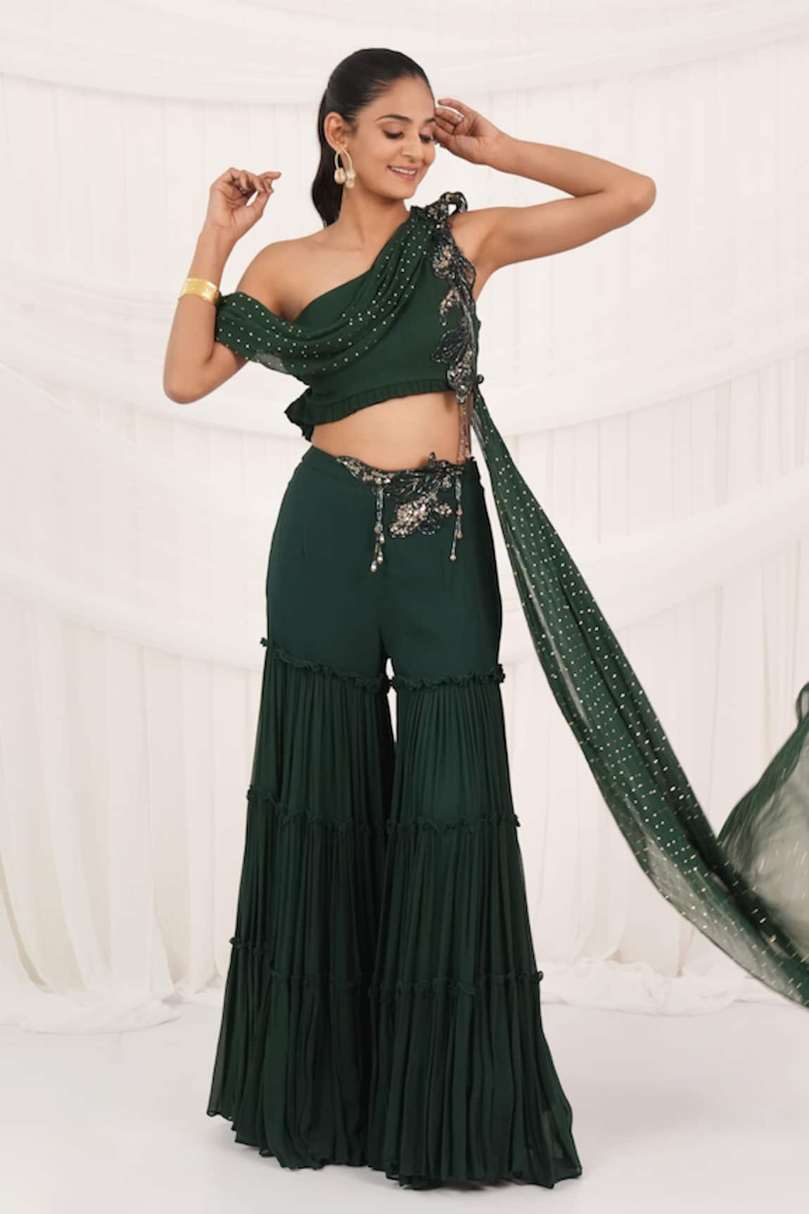 Aurouss Emerald Green Palazzo & Drape Top Set 