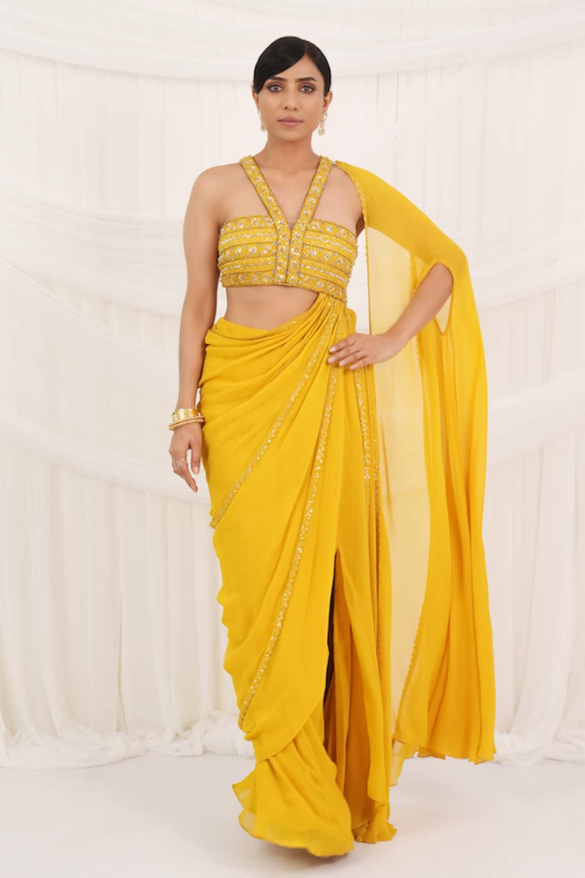Aurouss Sunroot Yellow Pre-Draped Saree Set 