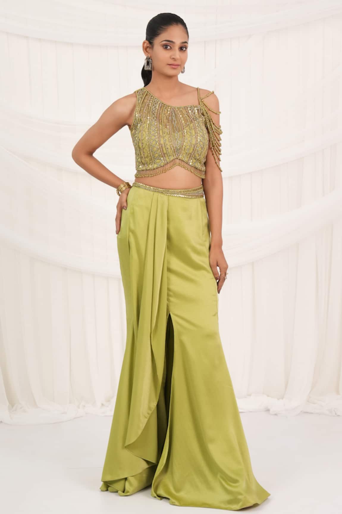 Aurouss Designer Draped Skirt & Padded Blouse Set 