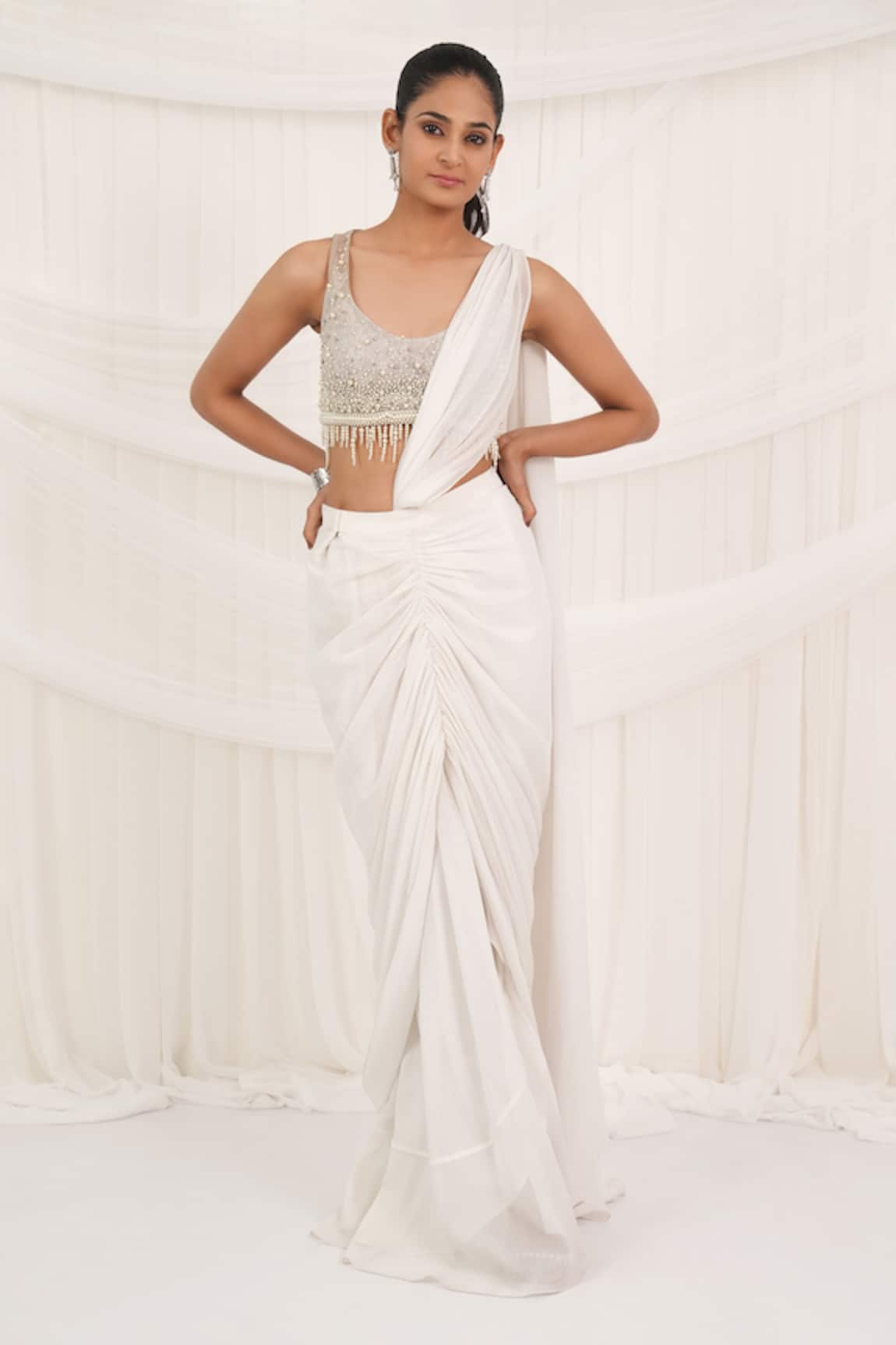 Aurouss Pearl White Pre-Draped Saree Set 